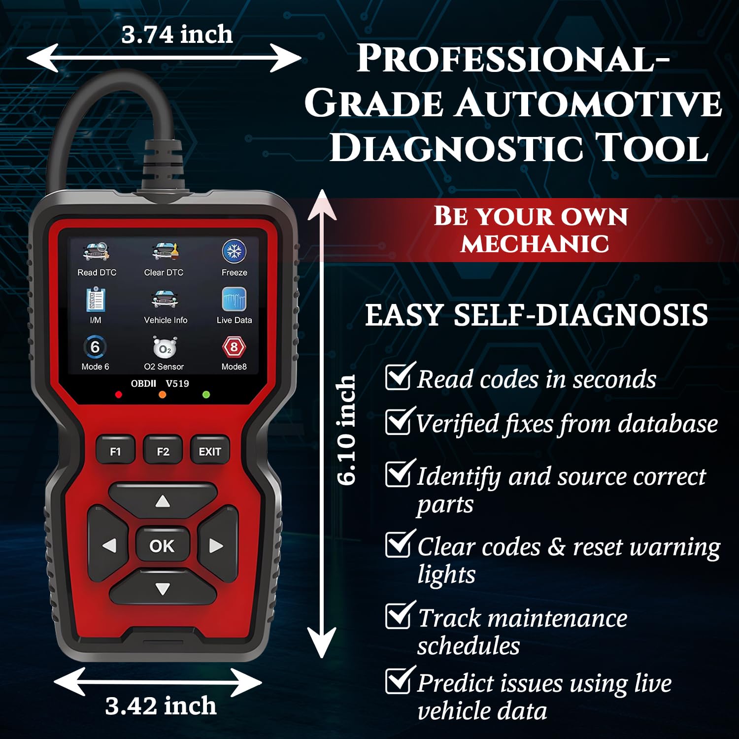 CrysGuard V519 mounted in vehicle showing on-the-road diagnostic capability