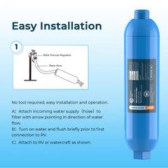 Crystala Filters installed on RV water inlet demonstrates quick tool-free hookup convenience