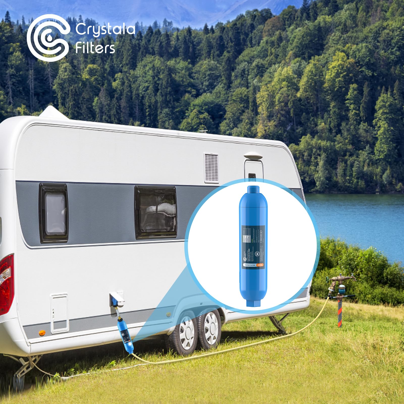 Crystala Filters in camping setup pouring water into a cup, improving taste on the go