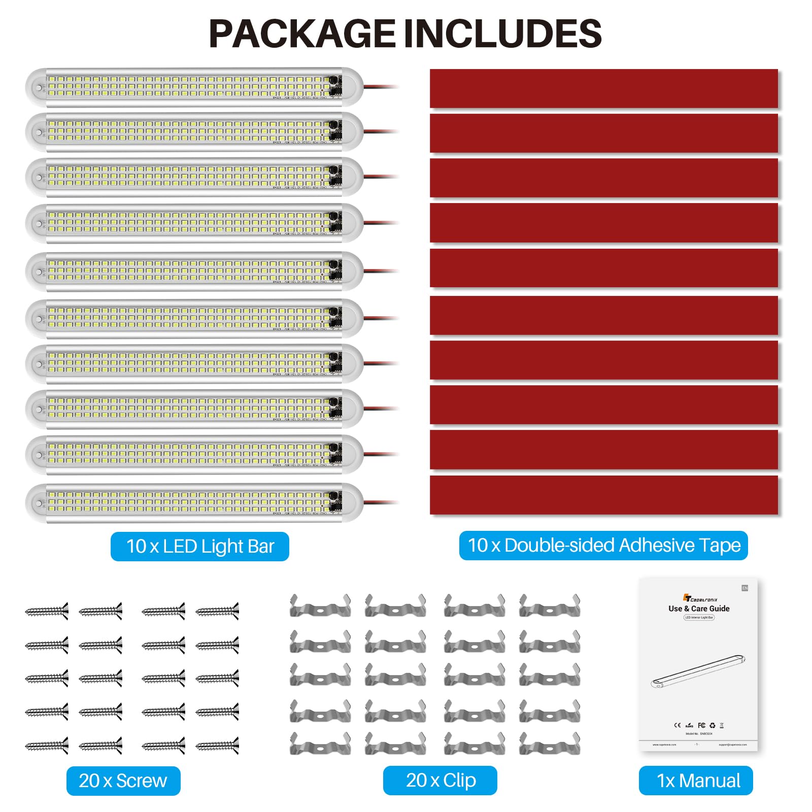 CT CAPETRONIX 10-pack packaging layout showing all bars and hardware included