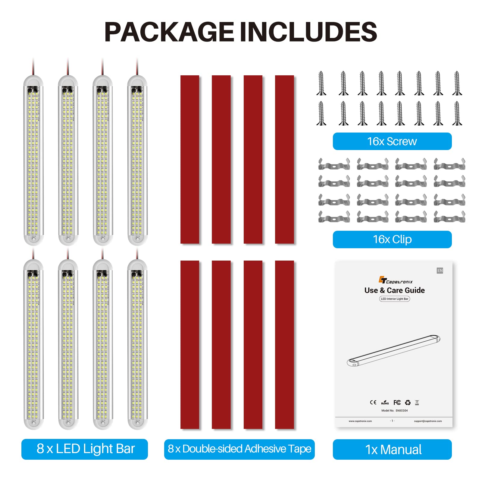 CT CAPETRONIX packaging laid out showing full 8-pack contents benefit