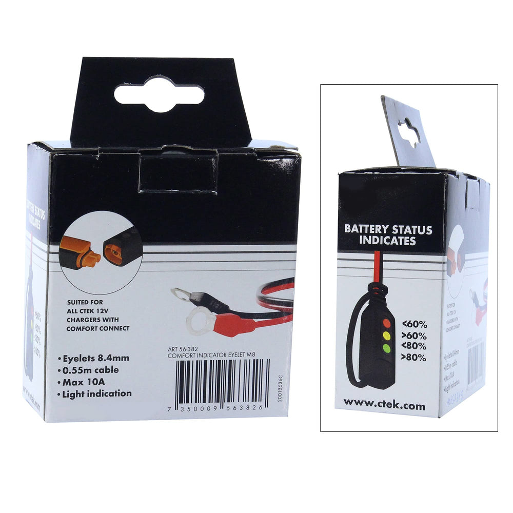 CTEK indicator eyelet installed on a car battery terminal, accessible permanent monitoring