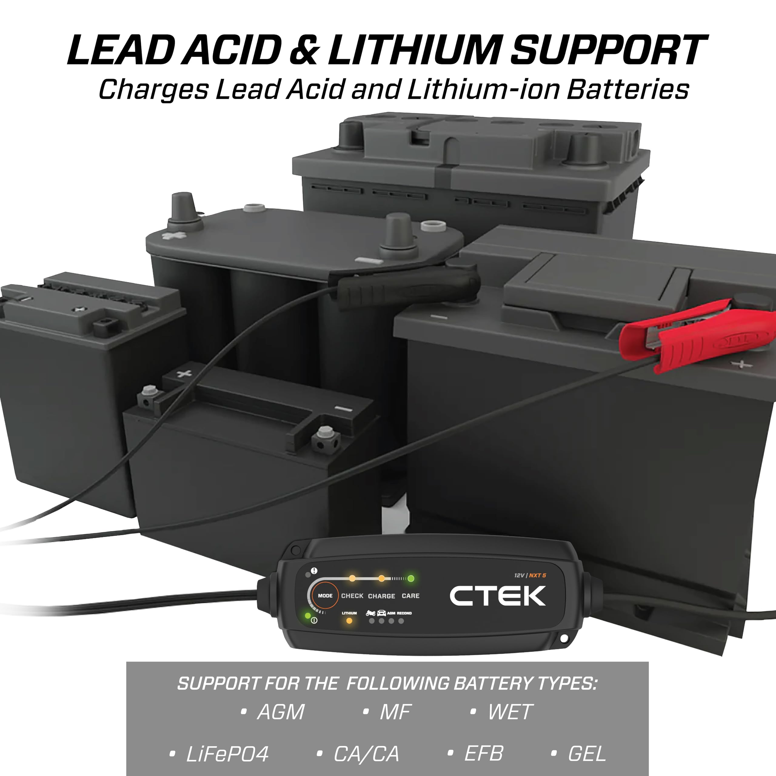 CTEK NXT 5 clamps and cable detail illustrating safe, spark‑free attachment