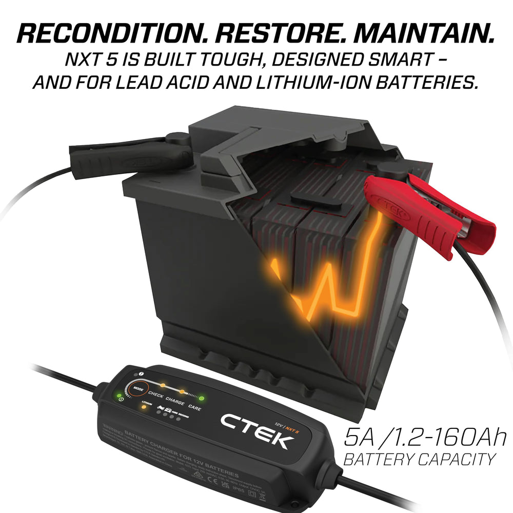 CTEK NXT 5 LED status indicators showing charging and maintenance information