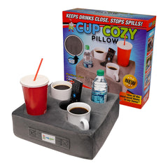 Cup Cozy Pillow front view showing gray color and cup holders for stable drinks