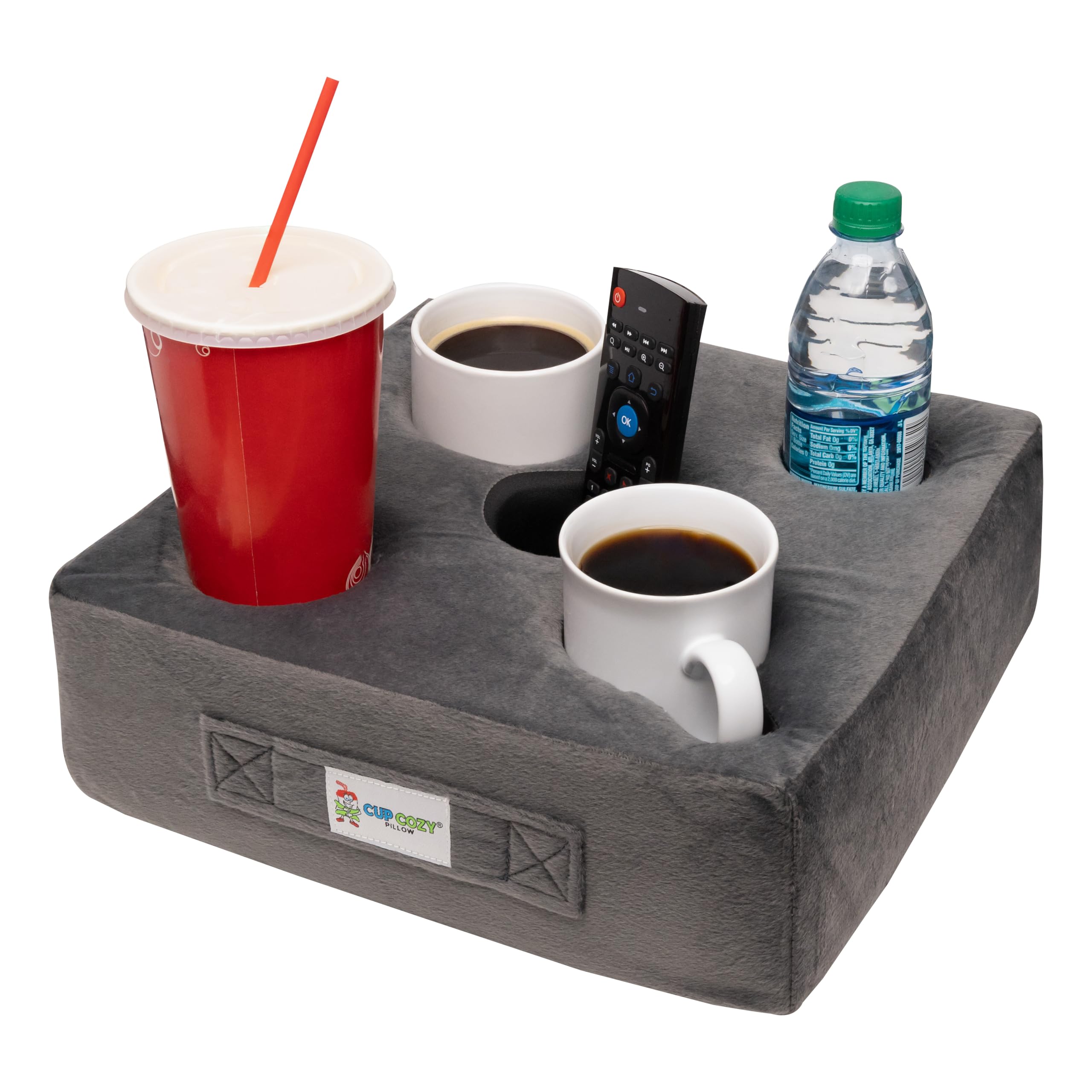 Cup Cozy Pillow side tray detail with snacks and remotes for easy access