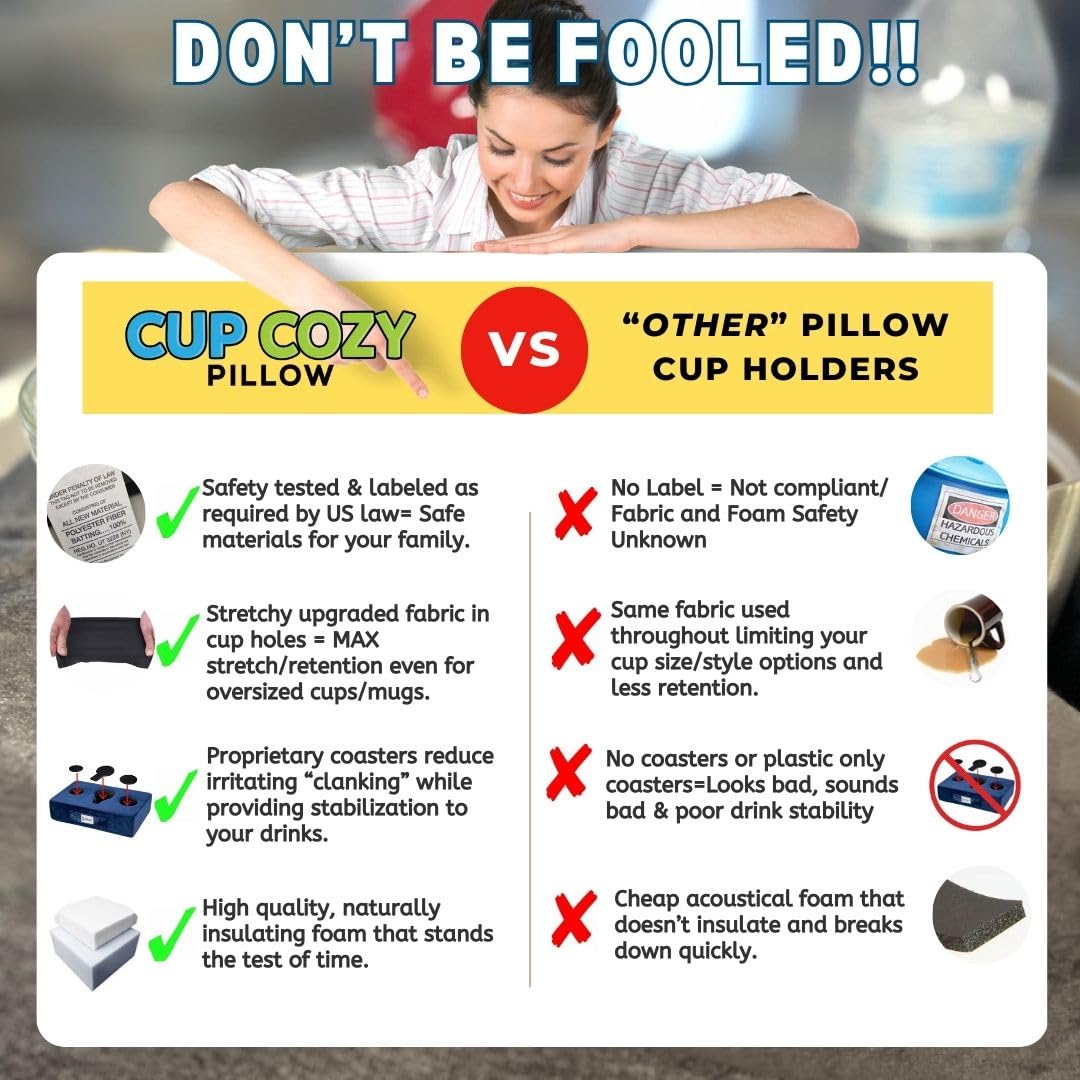 Cup Cozy Pillow next to TV remote showing size comparison and organized storage