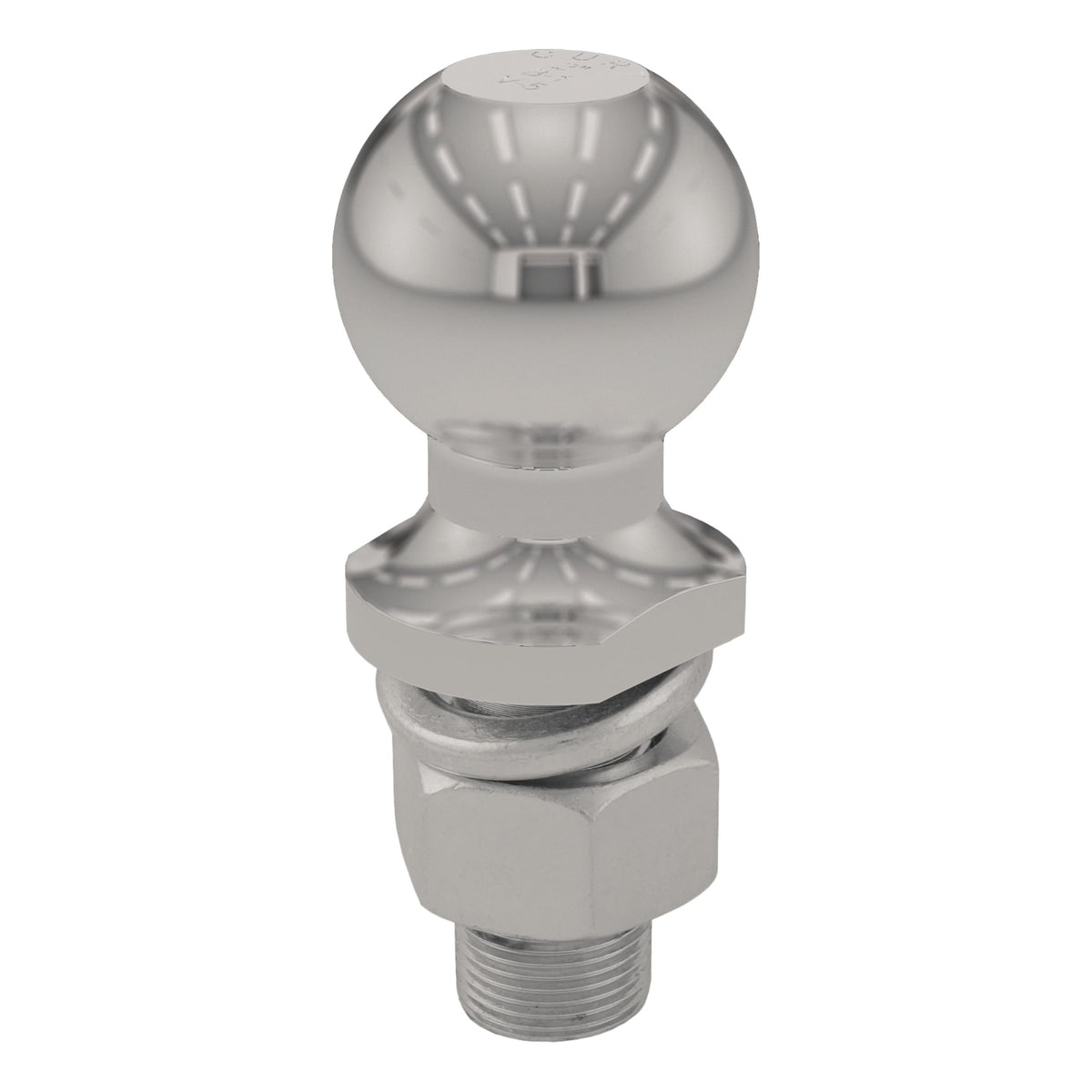 CURT stainless 2-inch hitch ball front view showing polished finish and fit benefit