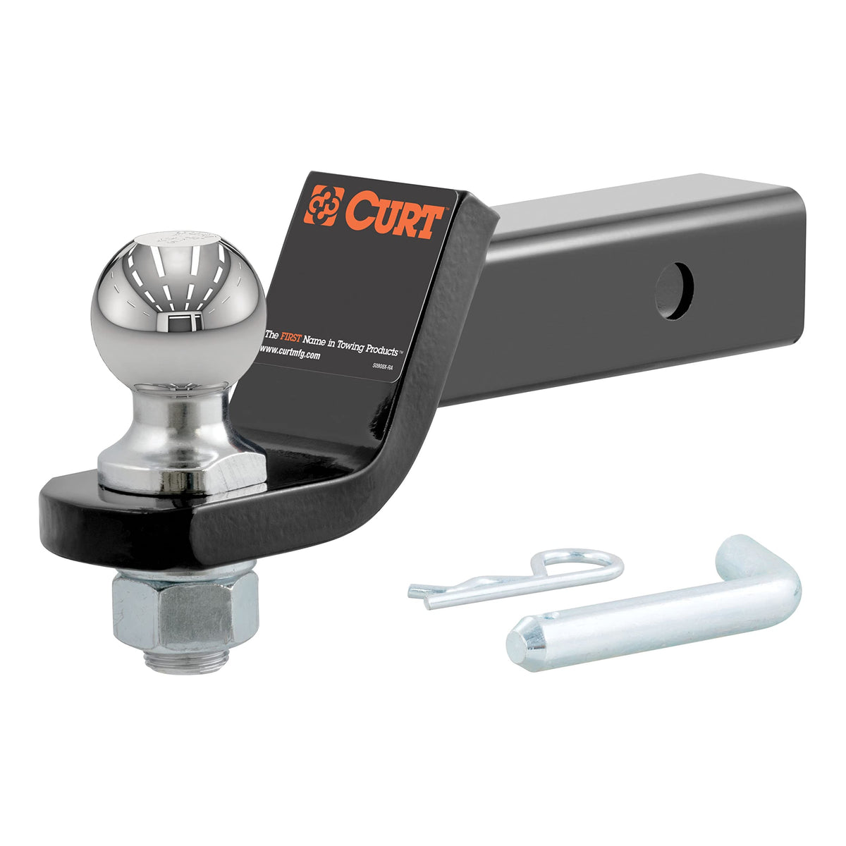 CURT 45036 front view showing preinstalled 2" ball and benefit of ready-to-tow
