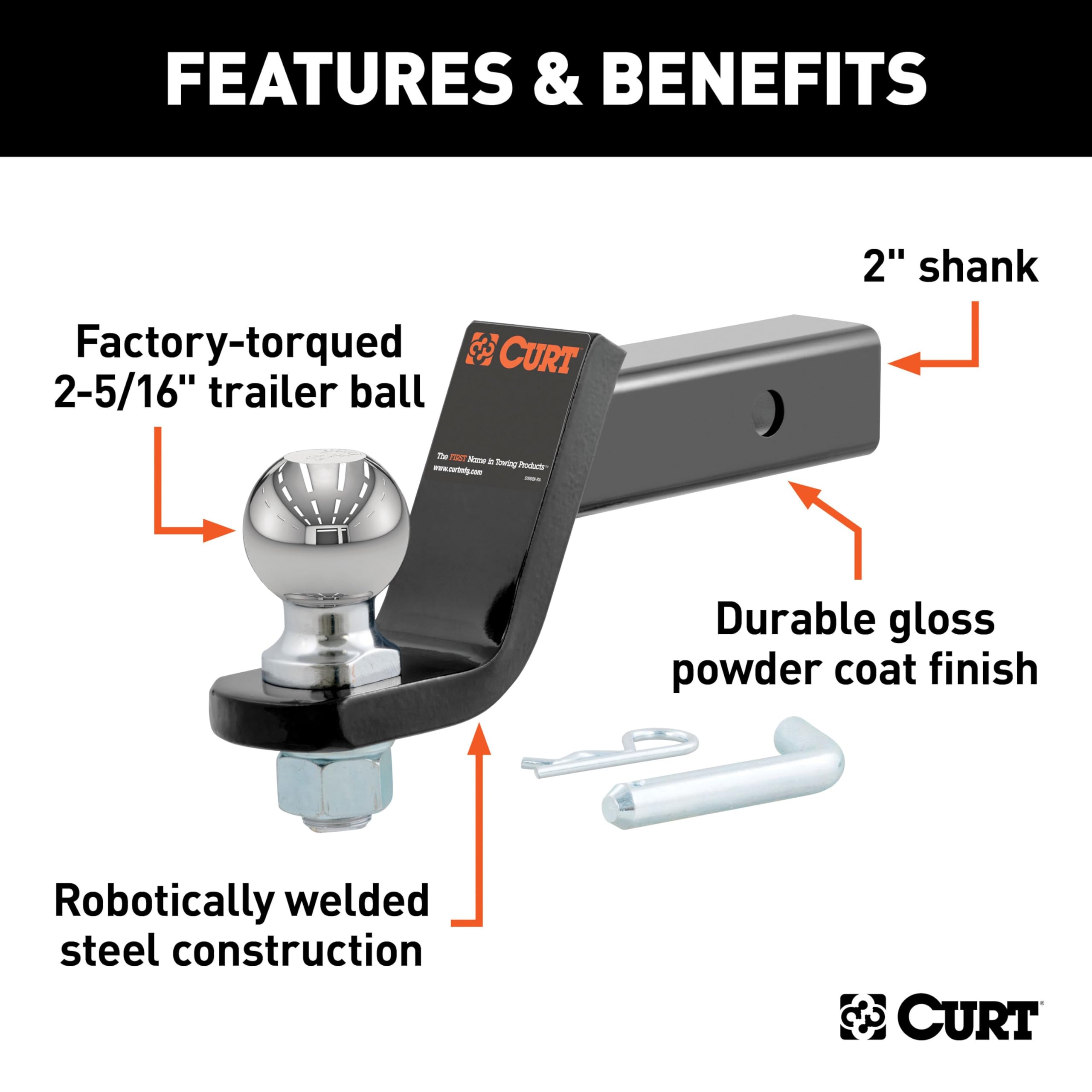 CURT 45042 close-up of factory-torqued 2-5/16" ball for secure coupler fit
