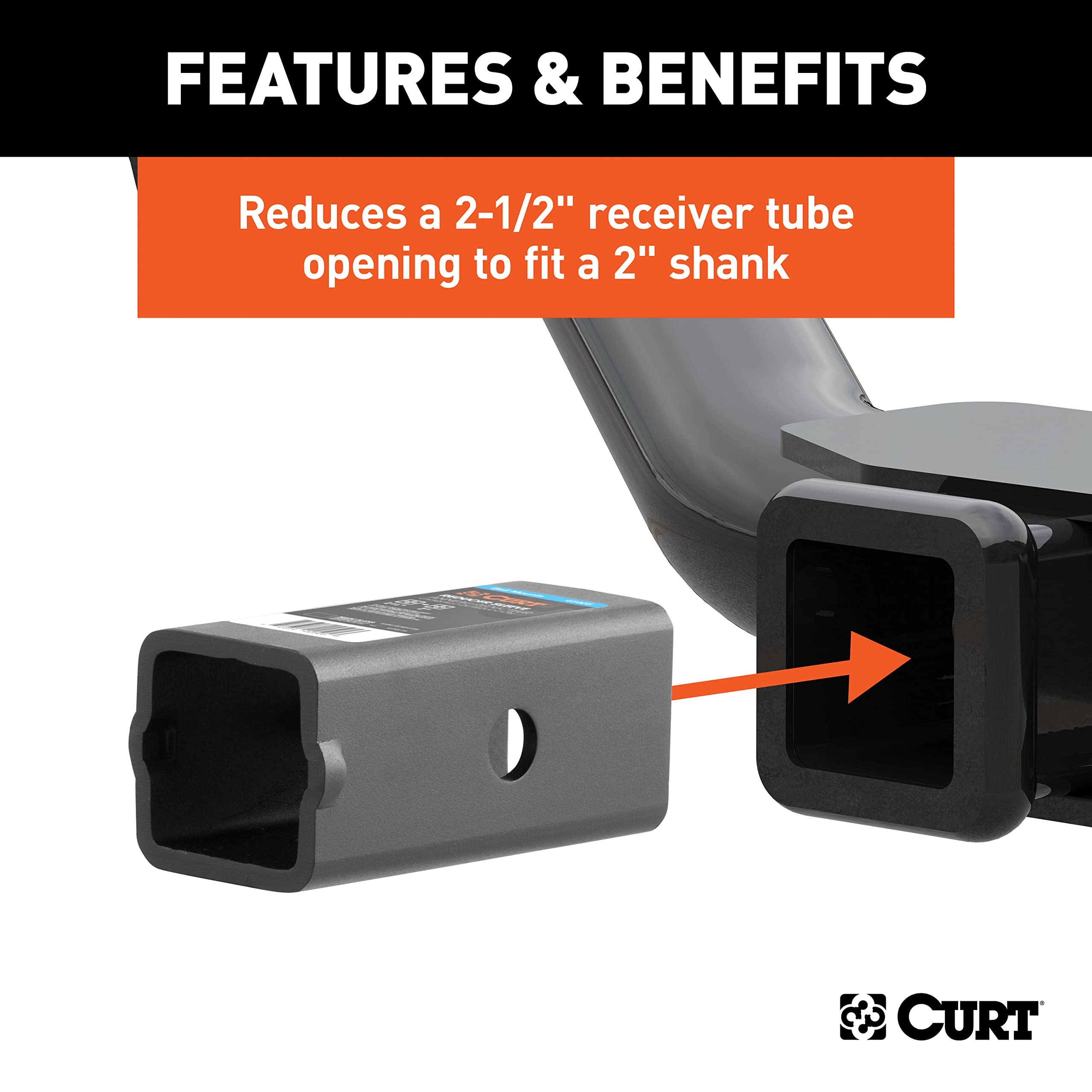 CURT reducer sleeve beside ruler and pin showing size and easy installation benefits