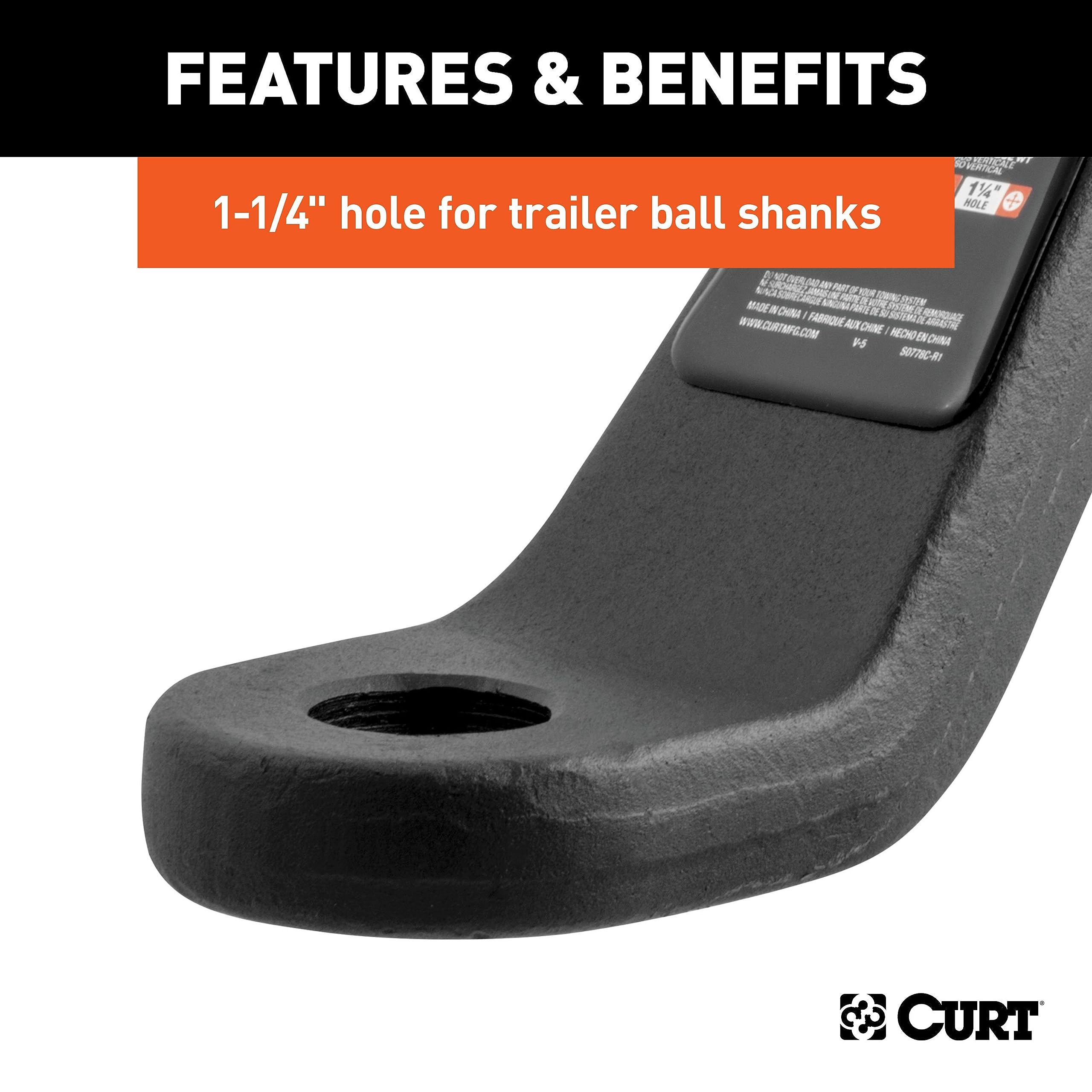 CURT ball-hole detail showing 1-1/4" opening for secure ball fitment benefit
