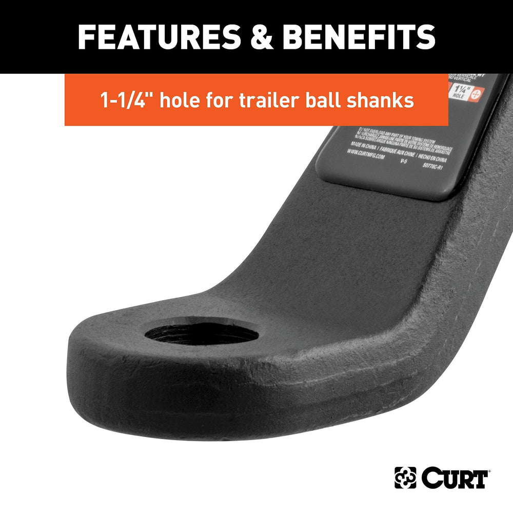 CURT ball-hole detail showing 1-1/4" opening for secure ball fitment benefit