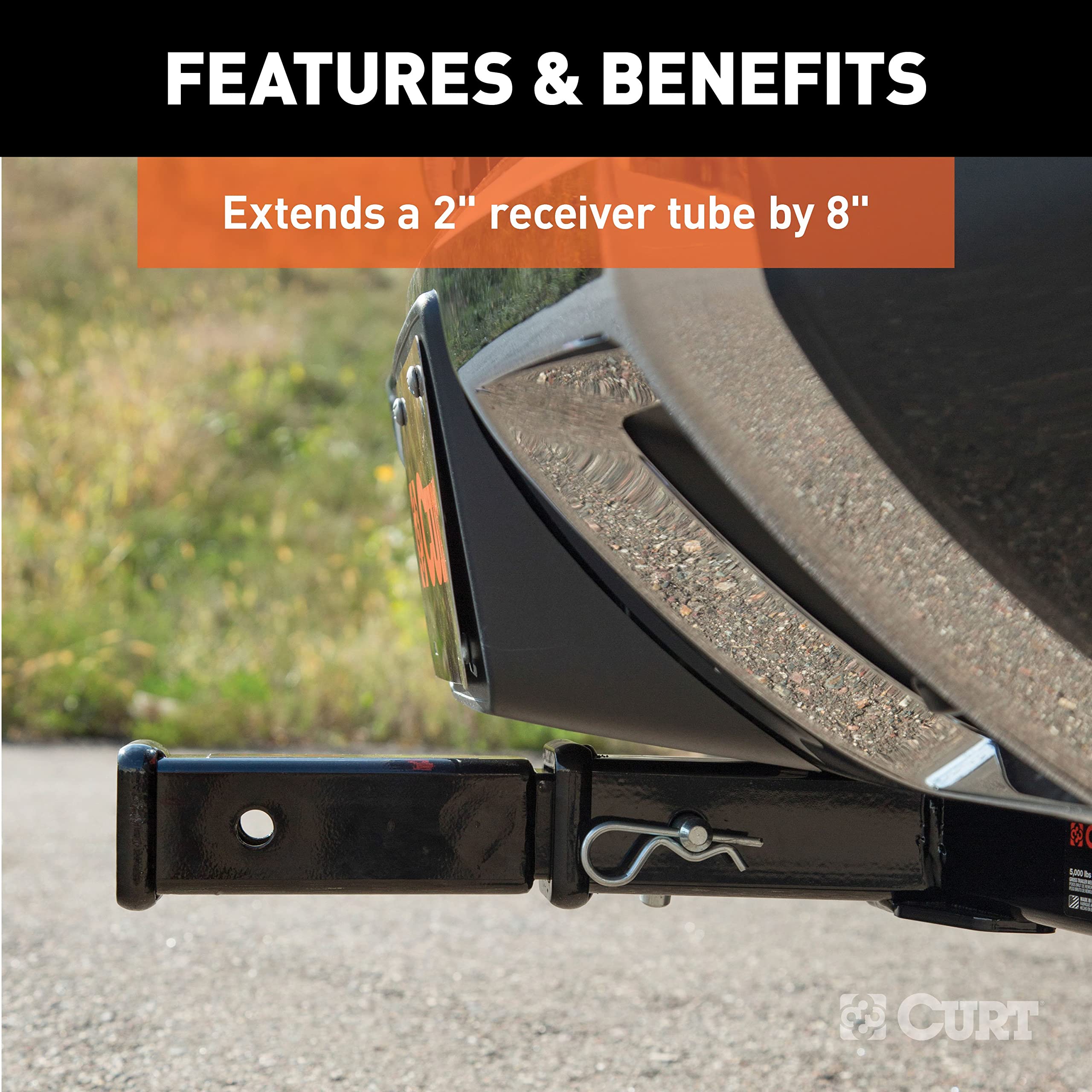 CURT 45791 beside ruler showing 8-inch extension for accurate sizing benefit