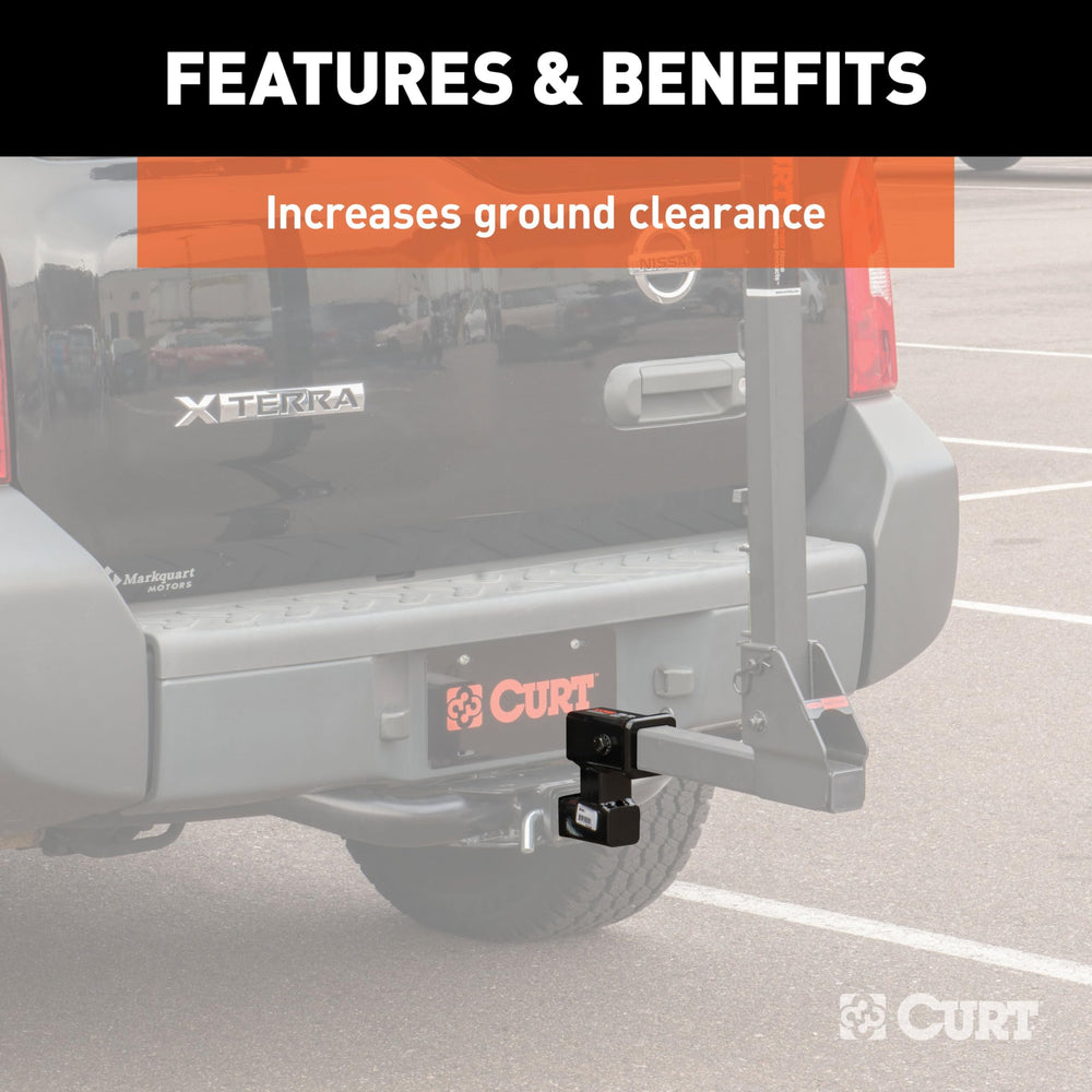 CURT 45794 installed with a bike rack to demonstrate improved bumper and tire clearance