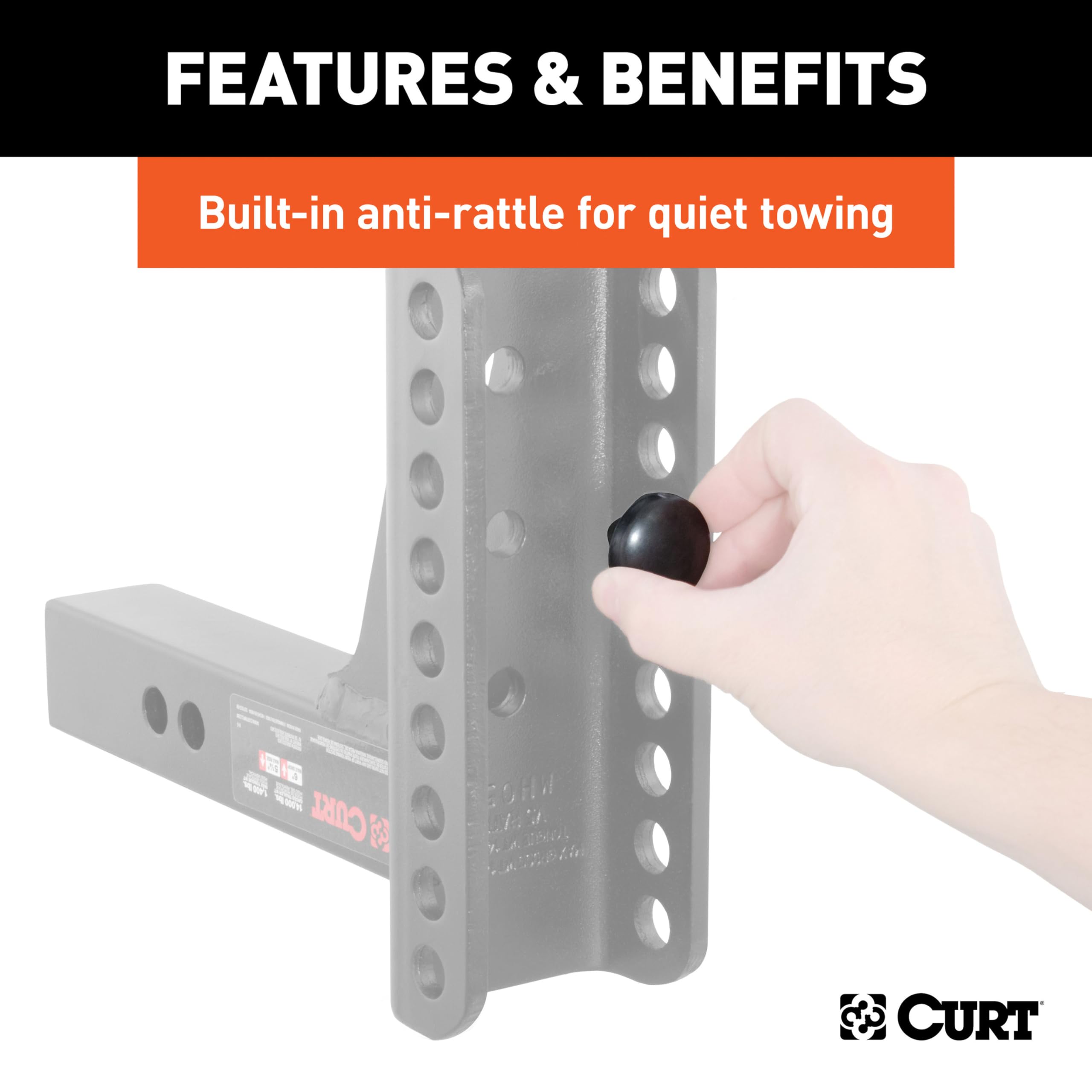 CURT dual-pin anti-rattle system close-up reducing hitch noise and vibration