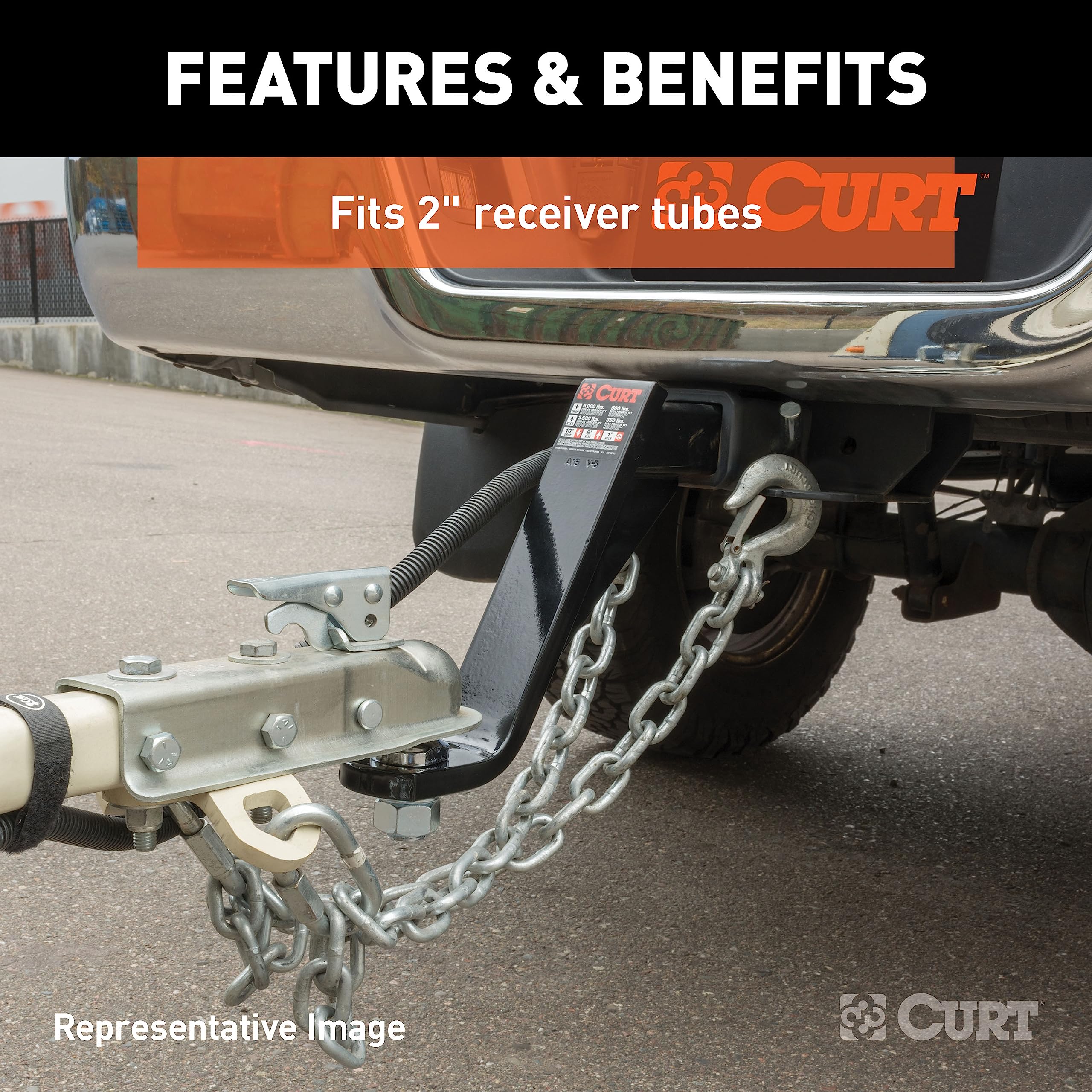 CURT side profile showing 6" drop and 9-1/4" length, aiding trailer leveling