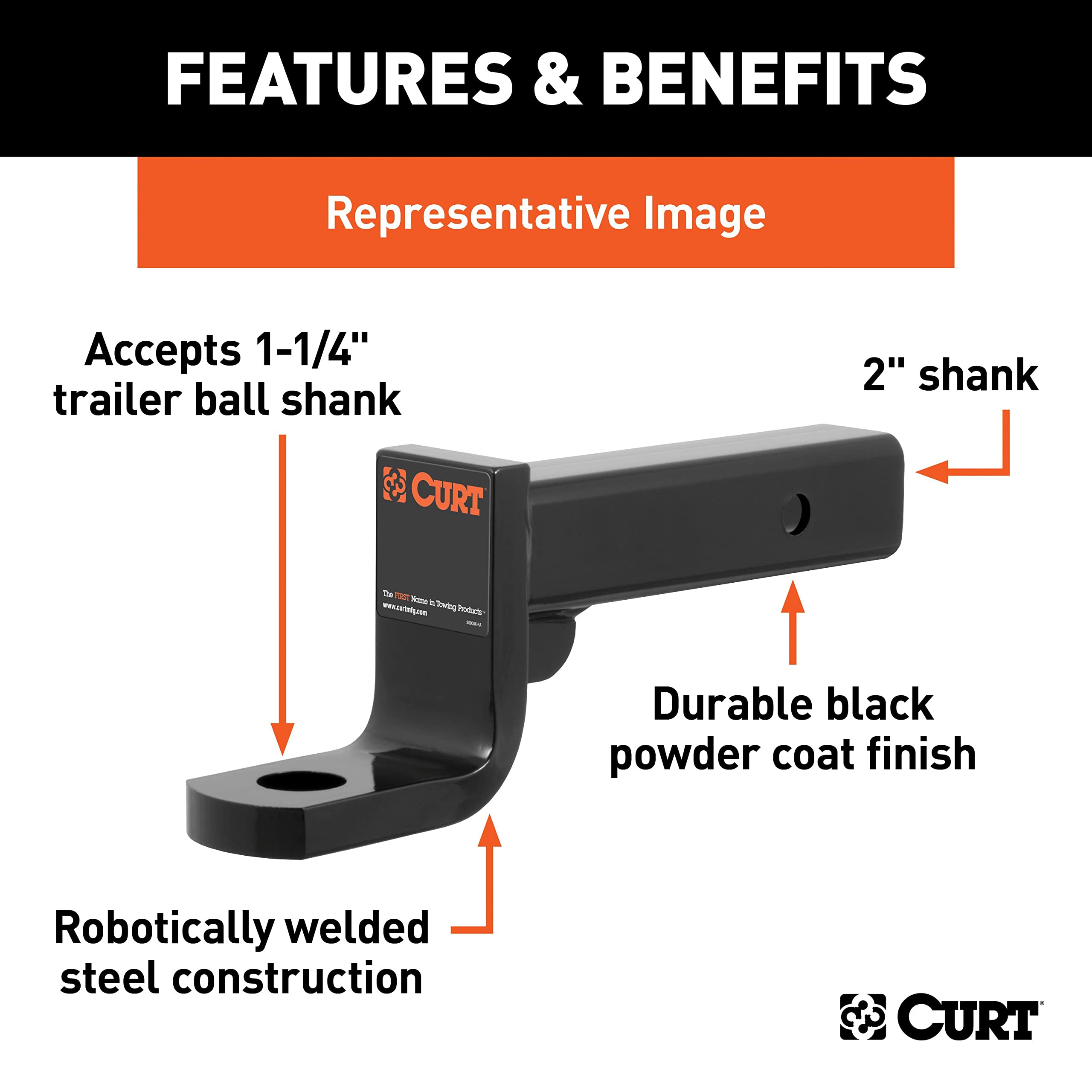 CURT ball mount hollow shank detail showing anti-rattle pin compatibility and reduced noise