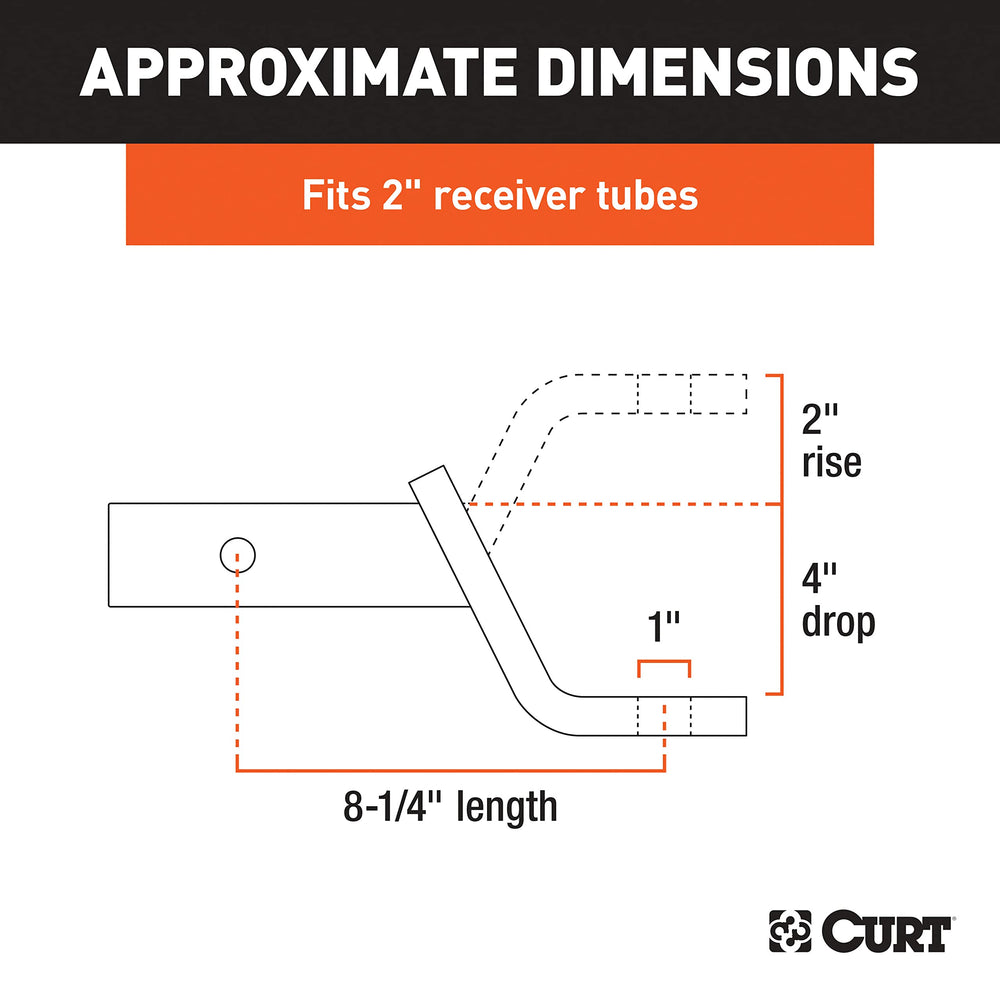 CURT side profile showing 8-1/4 inch length and drop/rise options