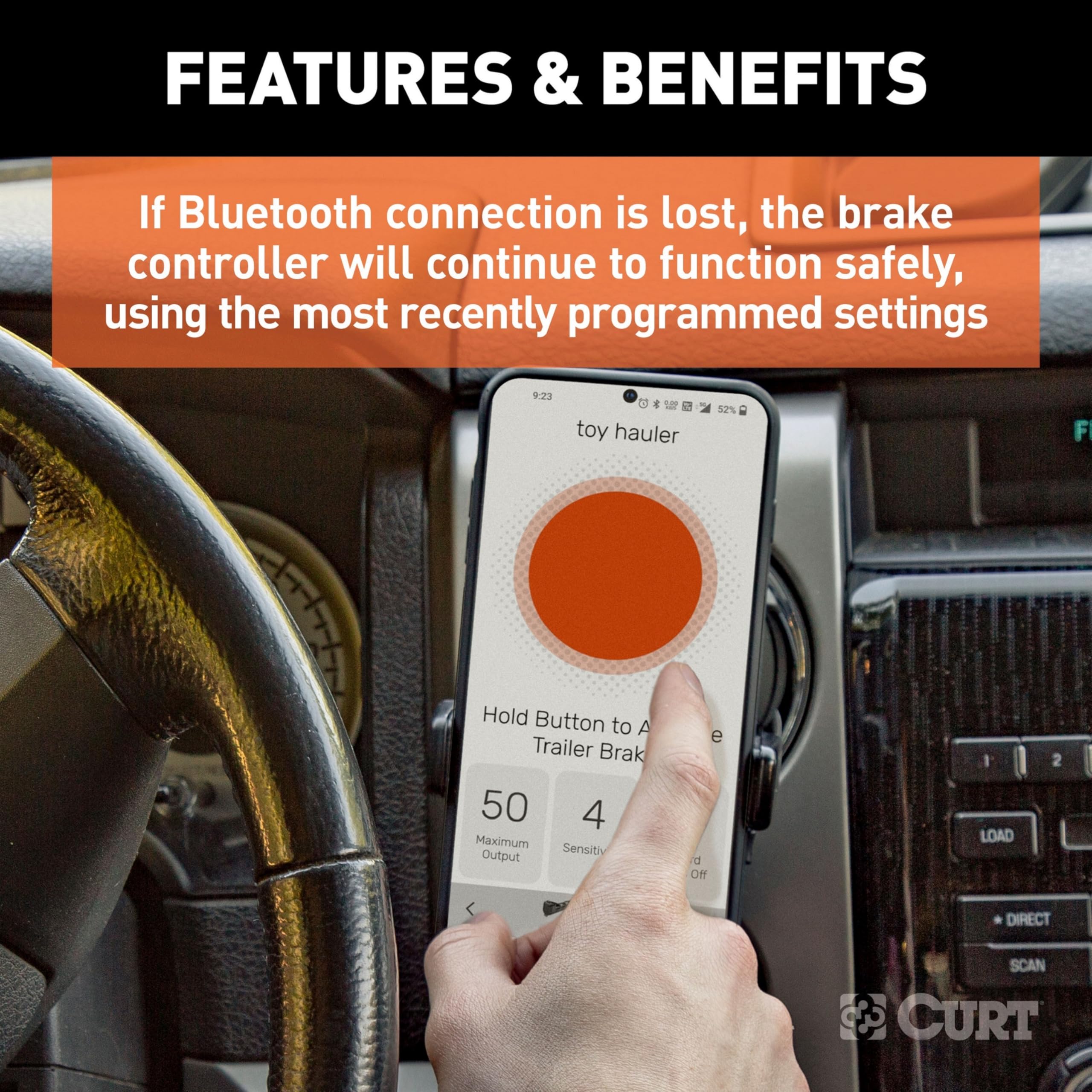 CURT Echo app manual override screen demonstrating instant brake control