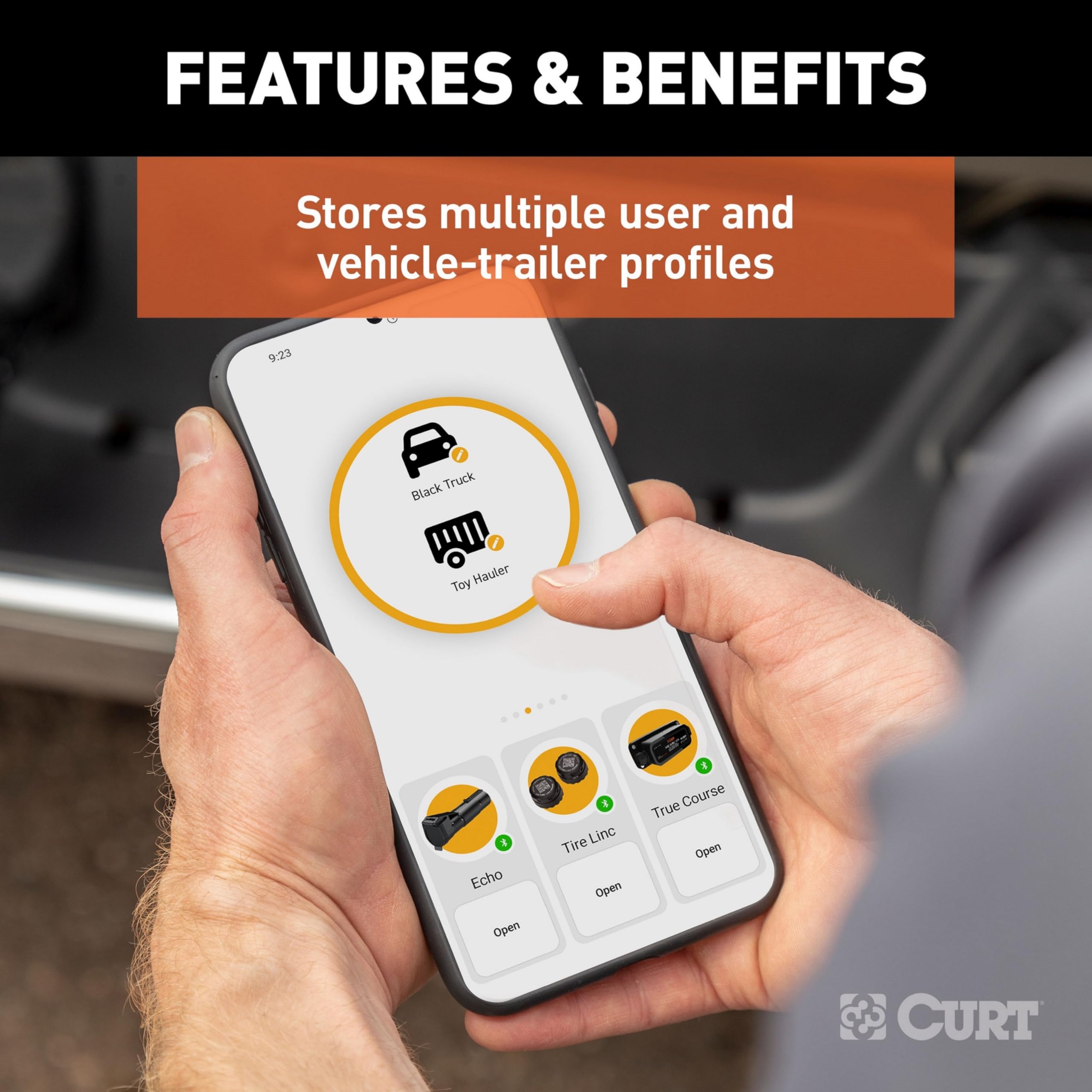CURT Echo near vehicle cruise-control display showing compatibility benefits