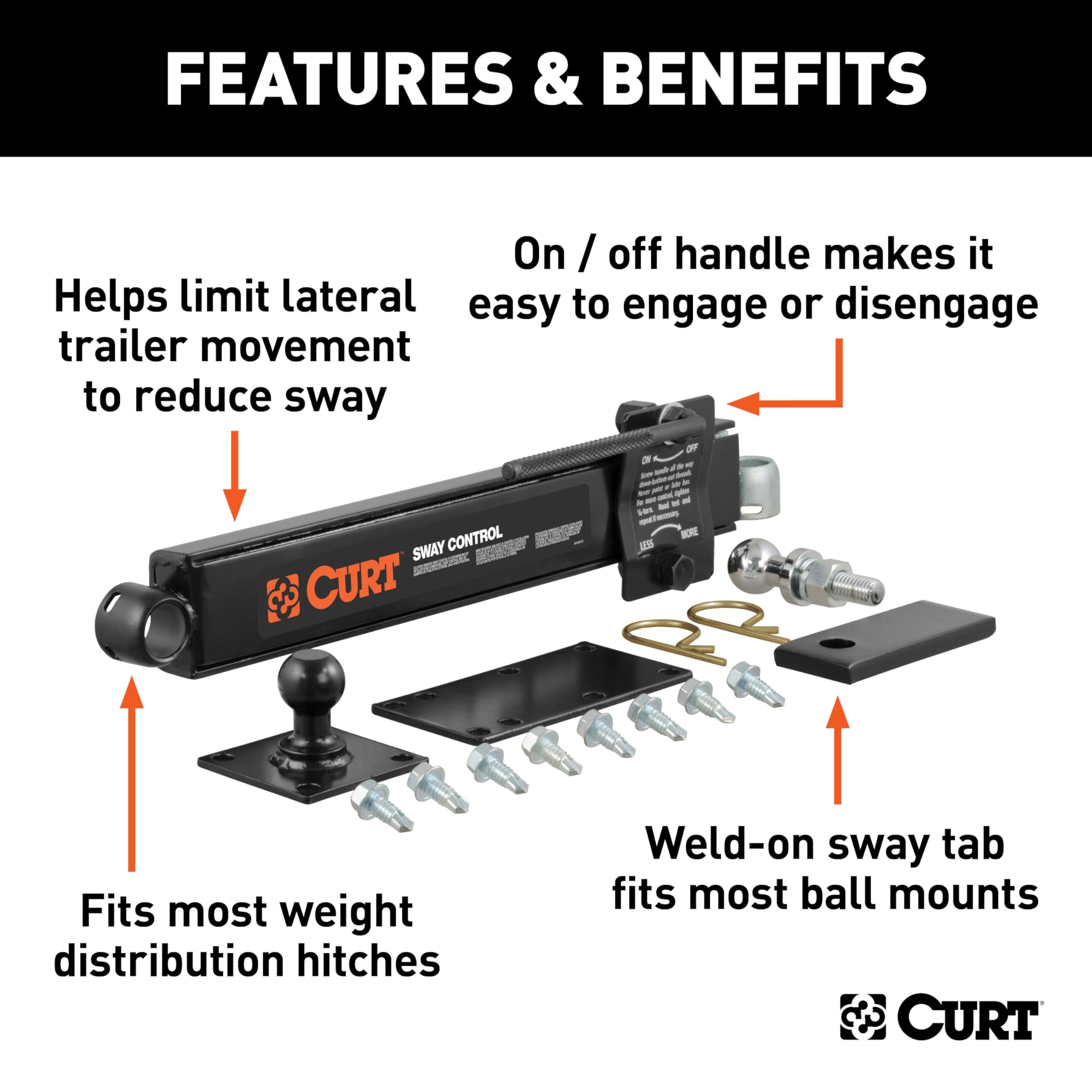CURT hitch-mounted ball and sway tab detail demonstrating secure attachment and stability