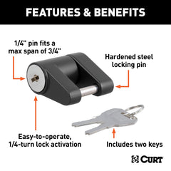 CURT lock installed on a trailer coupler demonstrating secure attachment