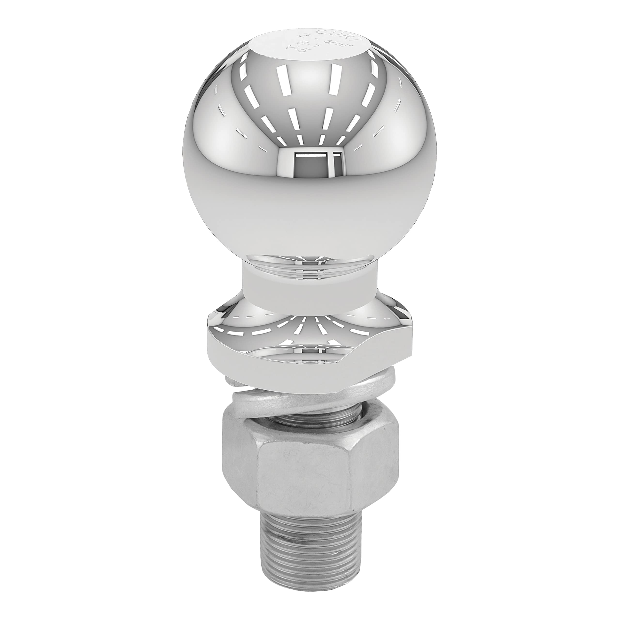 CURT 2-5/16 inch trailer ball front view showing chrome finish and polished surface benefit
