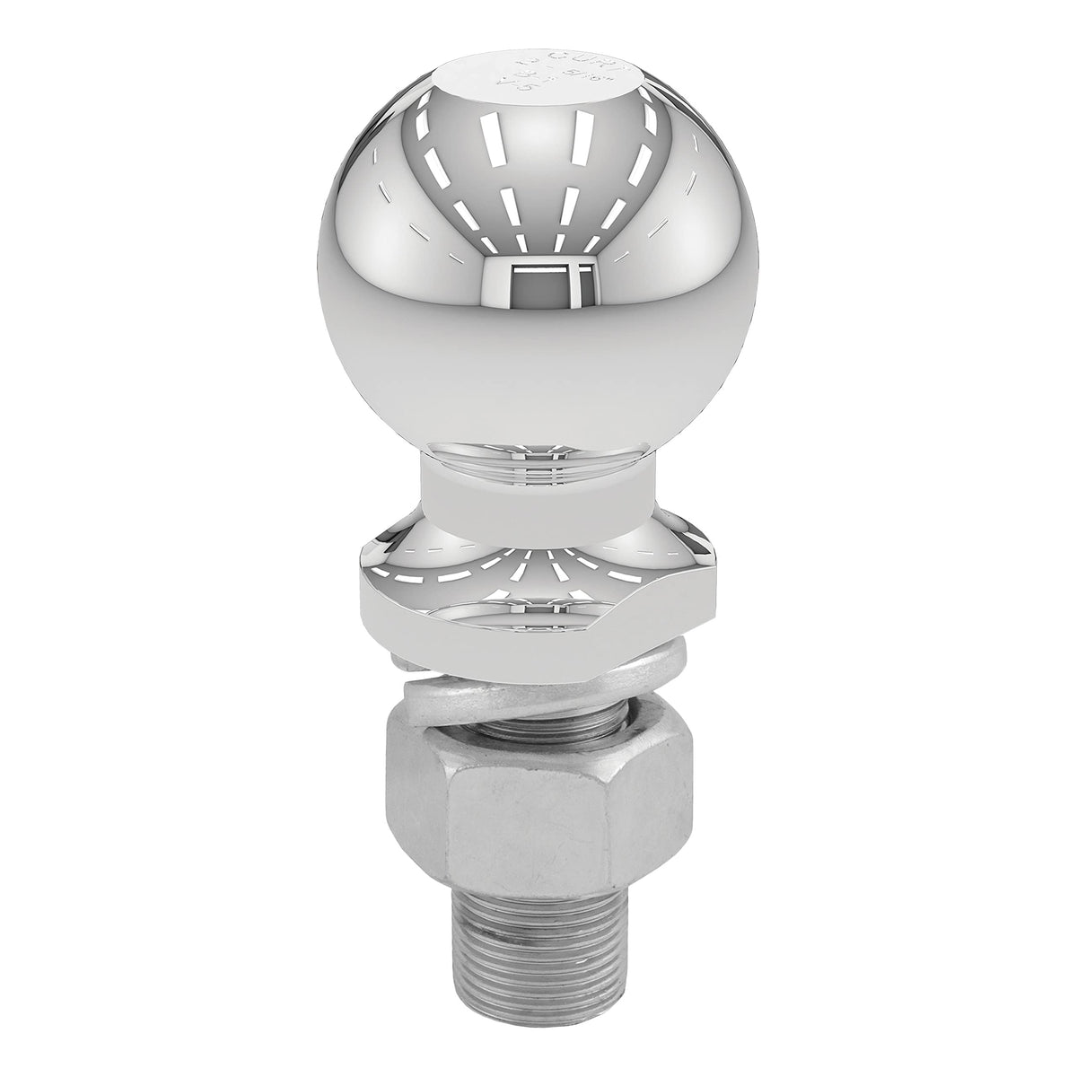 CURT 2-5/16 inch trailer ball front view showing chrome finish and polished surface benefit