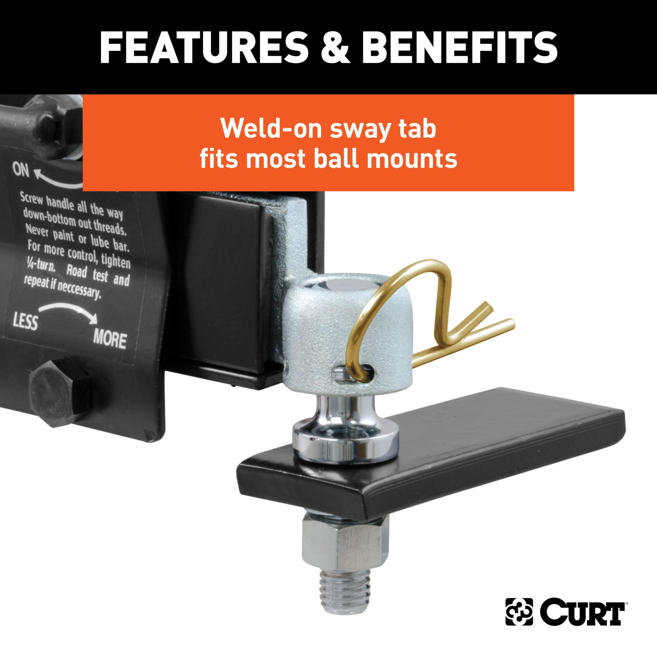 CURT weld-on sway tab with reinforcement plate showing strong mounting support