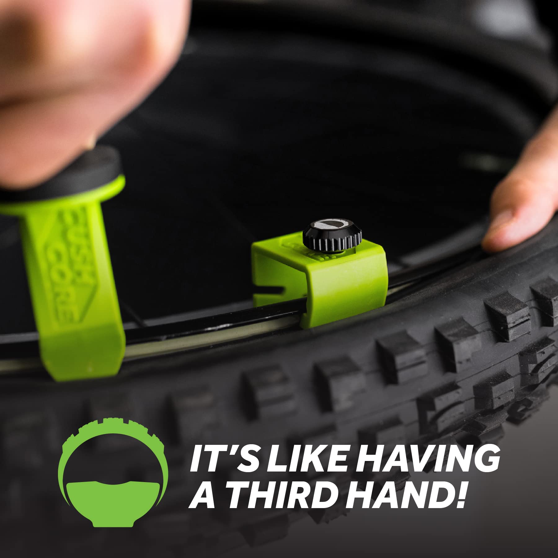 CushCore Bead Bro mounted on rim holding bead steady to simplify tire seating