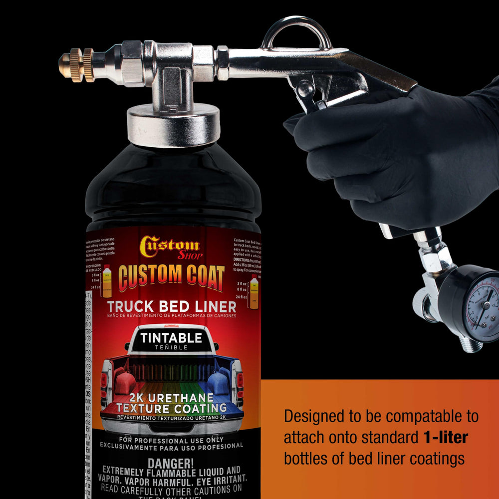 Custom Coat spray gun applying bed liner to a truck bed for durable coating benefit