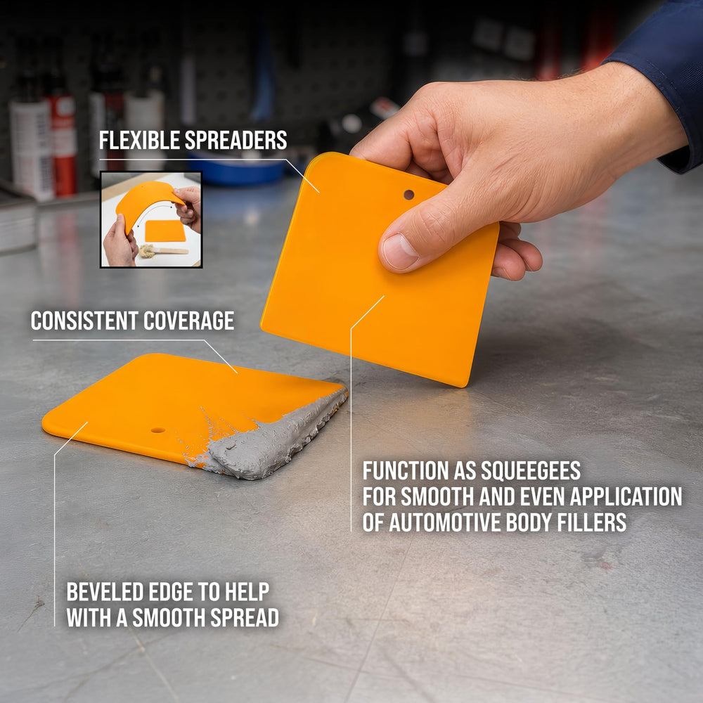 Custom Shop spreaders in use smoothing automotive filler on a car panel for cleaner finish