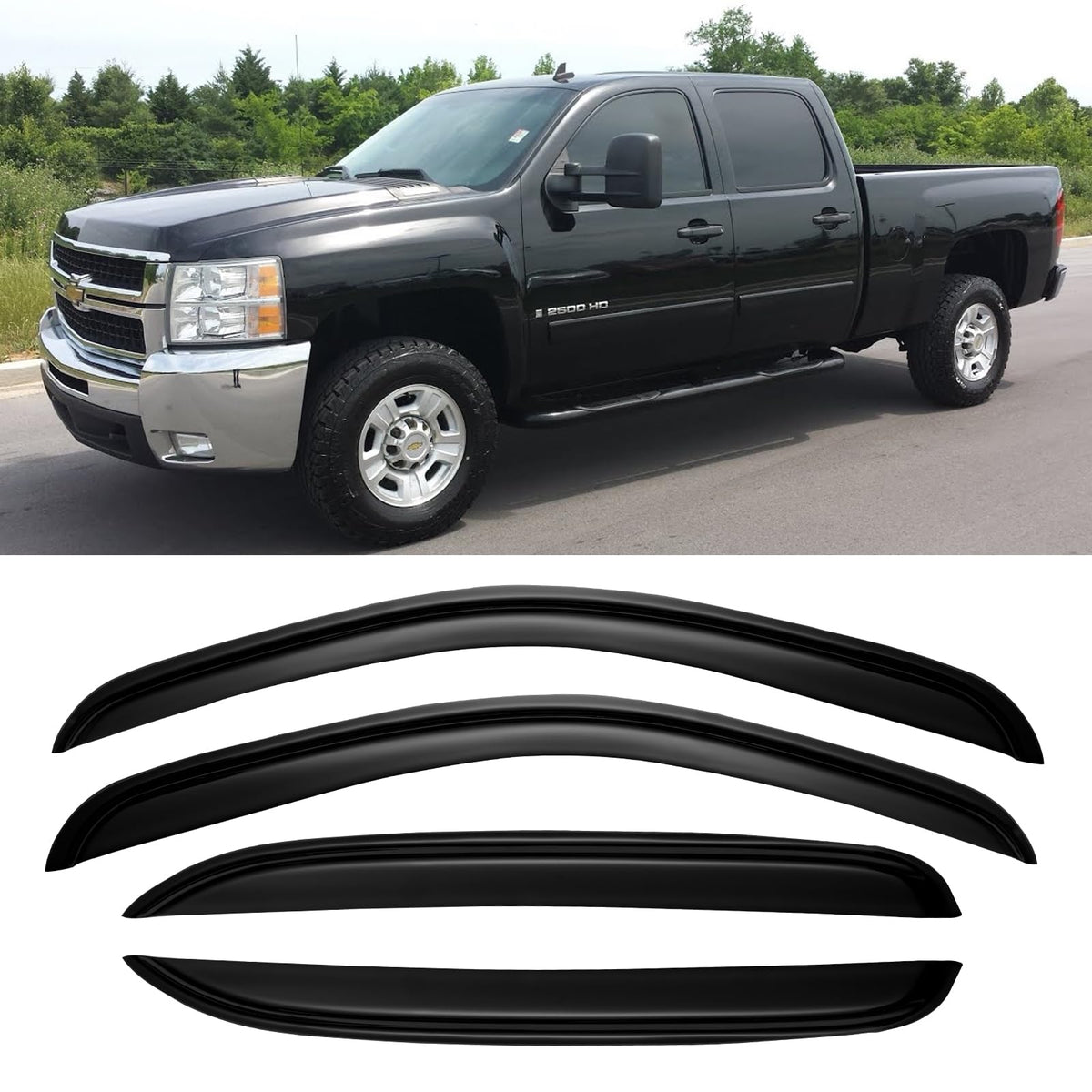 Cxdar front door visor installed on Silverado showing rain protection benefit