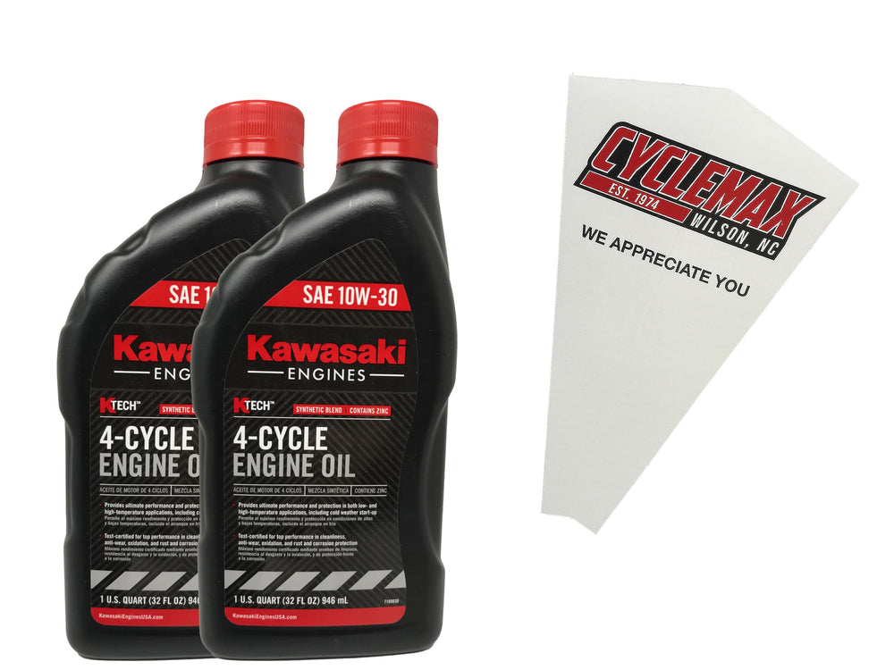 Cyclemax front pack showing two K‑Tech oil bottles and funnel, clear OEM labeling and convenience
