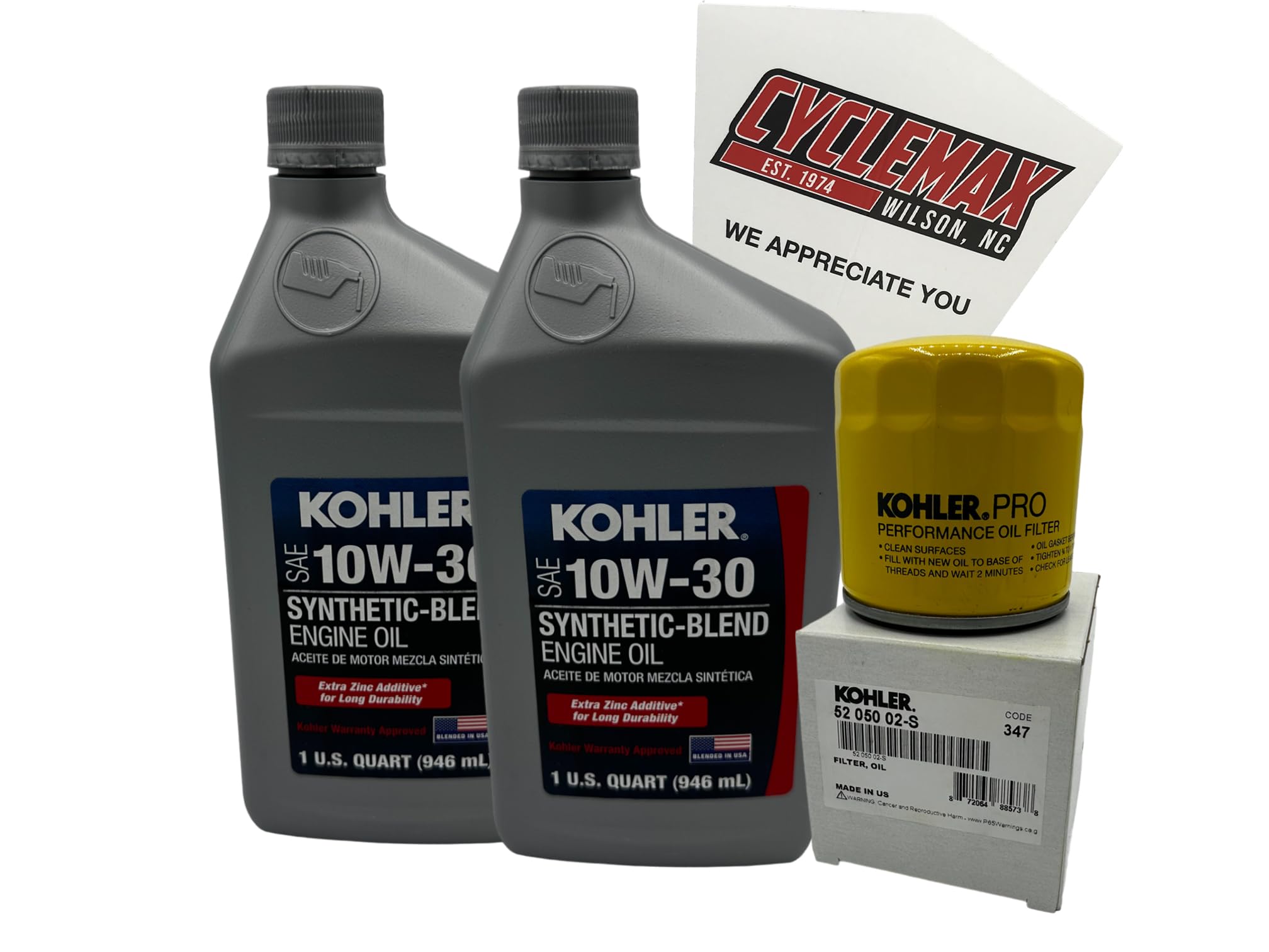 Cyclemax kit front packaging showing Kohler-branded oil and filter, clear identification benefit