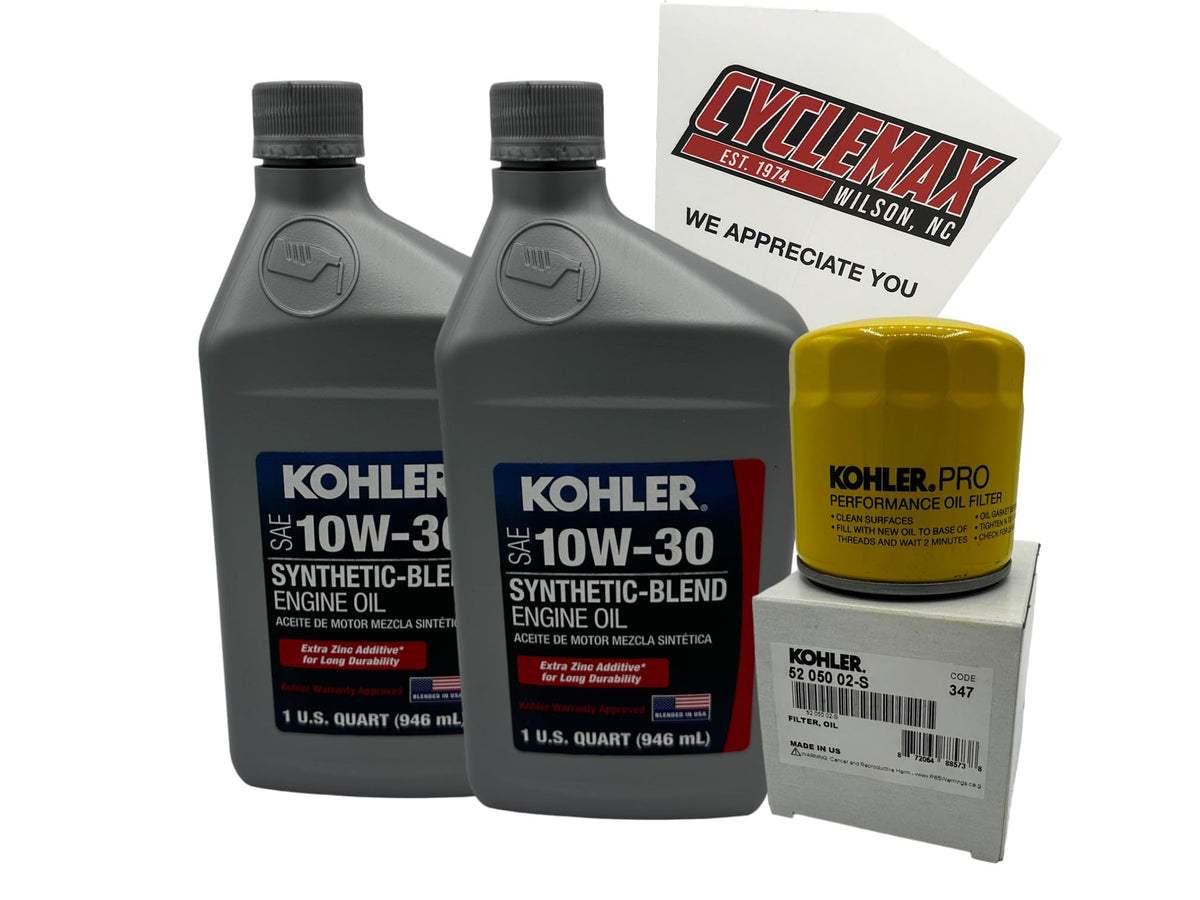 Cyclemax kit front packaging showing Kohler-branded oil and filter, clear identification benefit