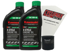 Cyclemax kit front view showing oil bottles, OEM Kawasaki filter, and funnel for easy maintenance