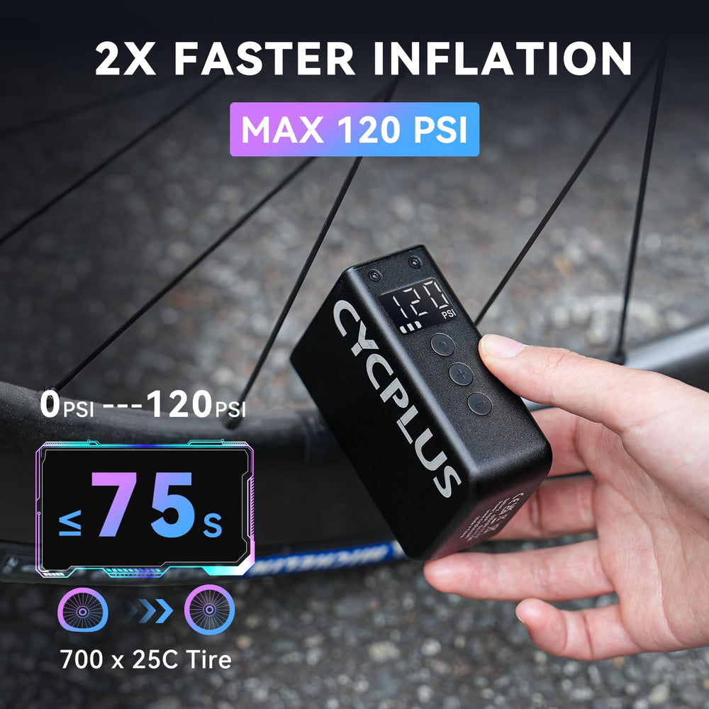 CYCPLUS valve attachment detail demonstrating dual Schrader and Presta compatibility benefit