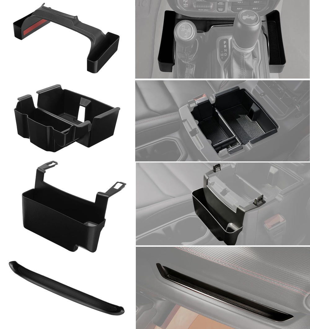 Cyfie gear shift side tray close-up in Jeep showing added reachable storage for small items