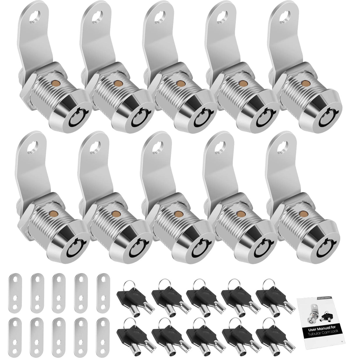 Cylinnda front view of ten keyed-alike cam locks showing quantity and uniform keys