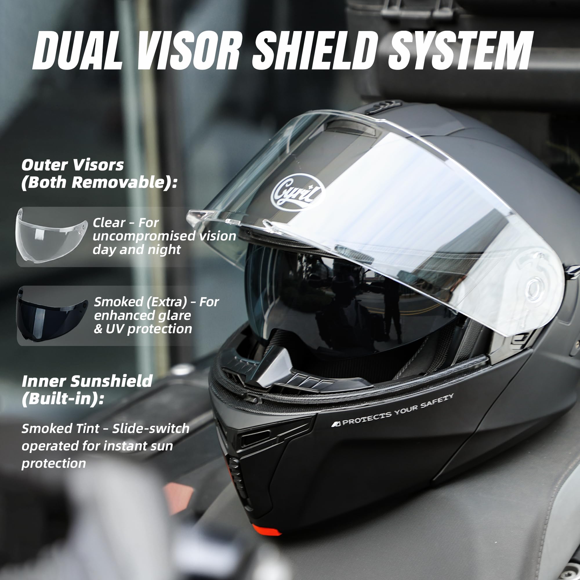 CYRIL helmet chin bar flipped up demonstrating easy one-handed convenience