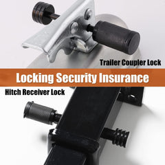 CZC AUTO detail of 1/4 inch coupler locking pin inserted in latch, prevents accidental disconnect
