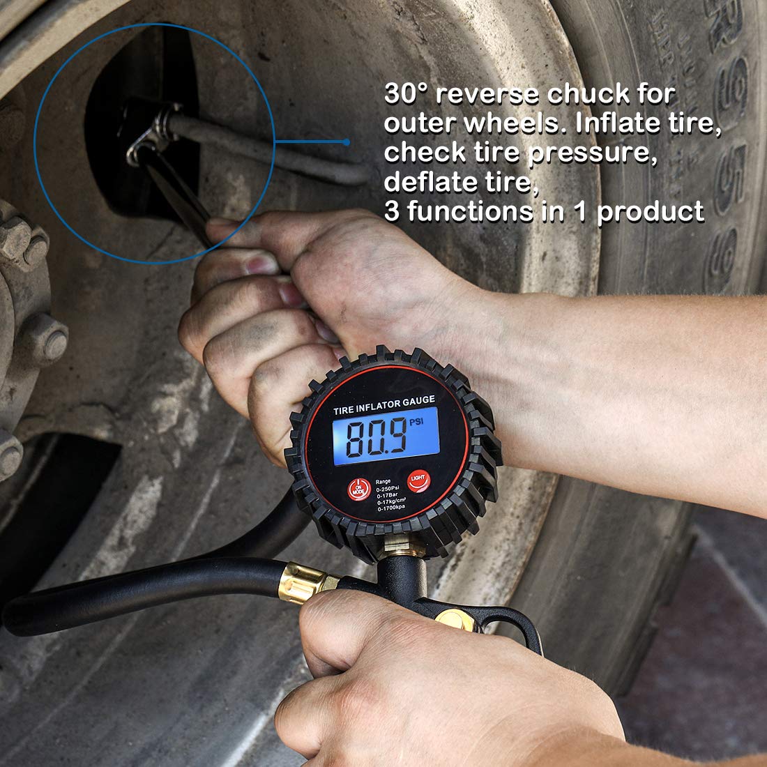 CZC AUTO inflator attached to car tire valve during use, fast inflation benefit