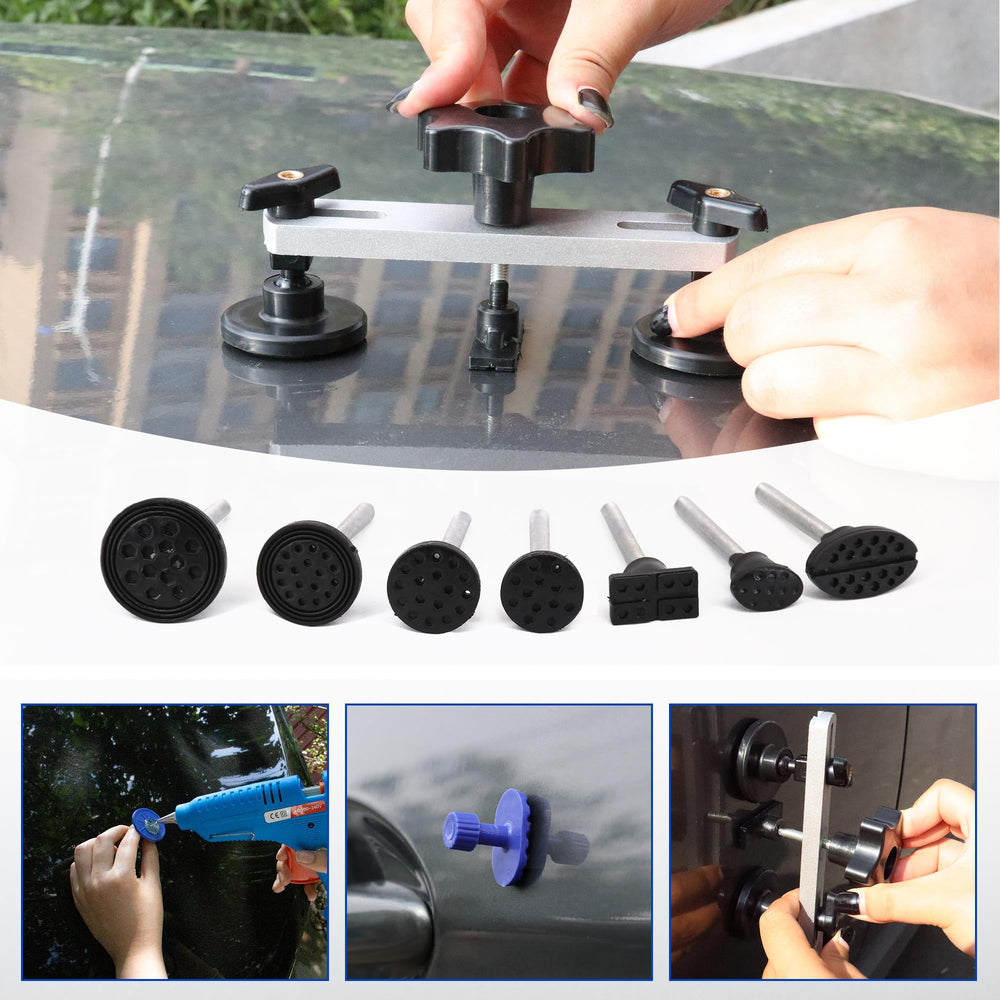 CZJCMECH in-use on car door showing guided pull technique for controlled dent repair