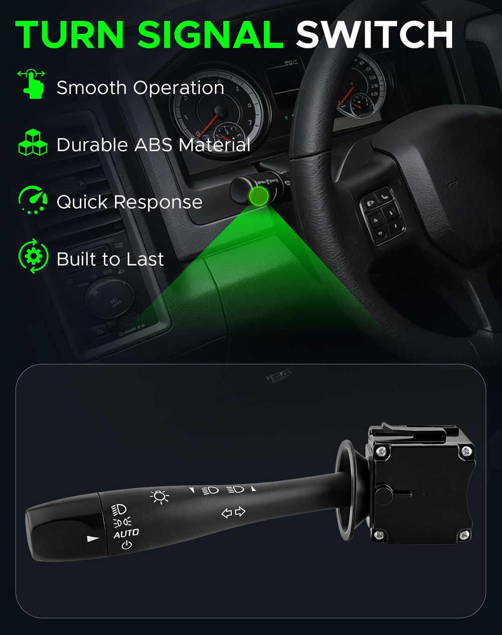 Dacall angled view of stalk controls illustrating tactile detents and responsiveness