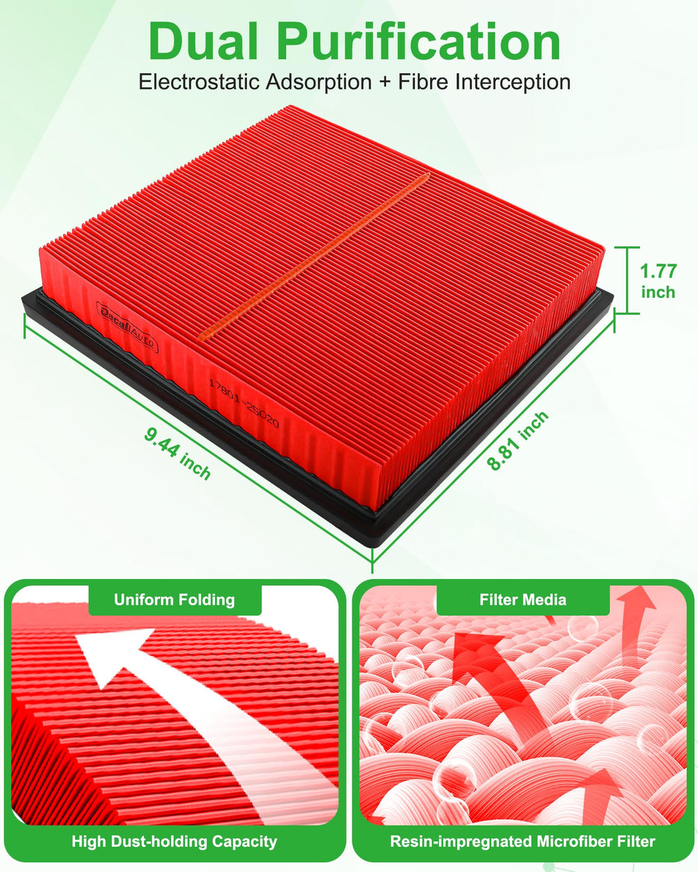 Dacall engine filter close-up of pleats demonstrating dust capture efficiency