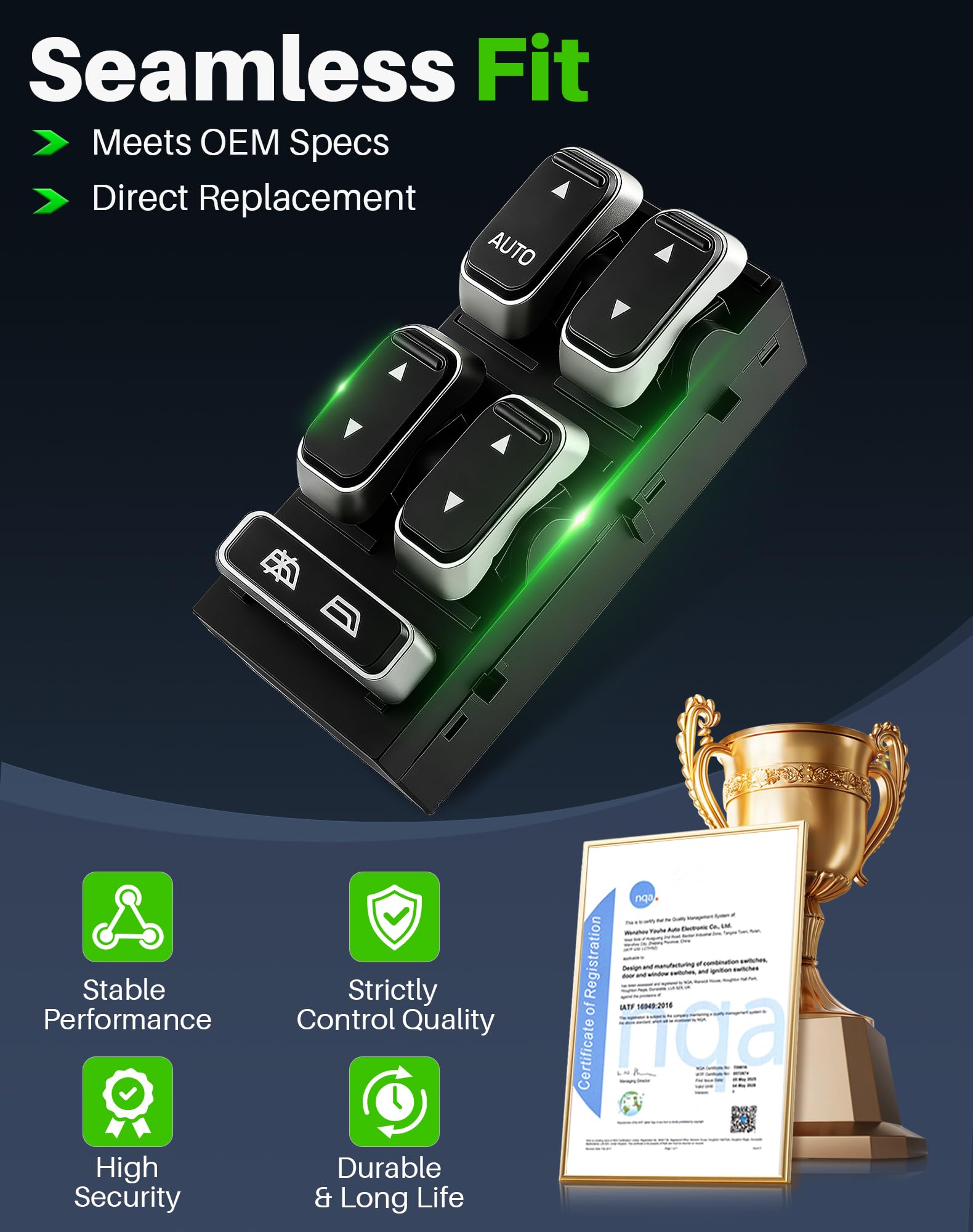 Dacall switch beside ruler showing compact size for correct replacement