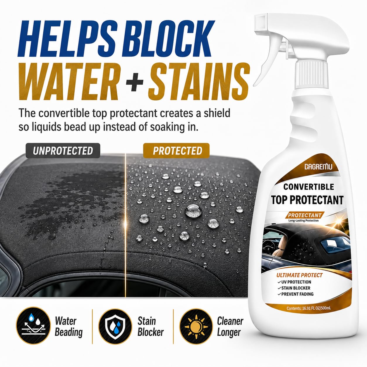 DAGREM U spray-and-wipe in use on convertible top showing quick maintenance benefit