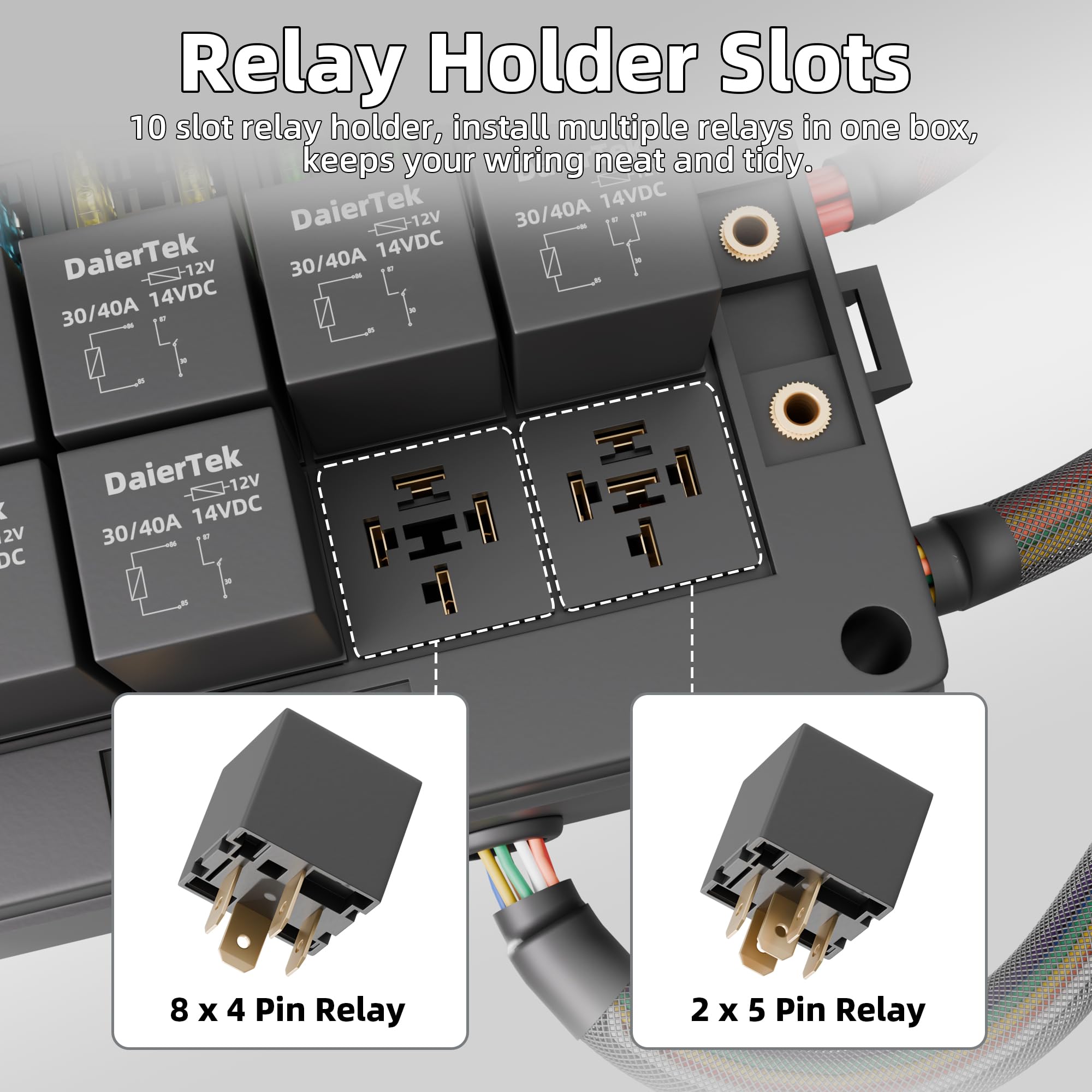 DAIERTEK close-up of color-coded wiring and 12 AWG main feed wires for safe power